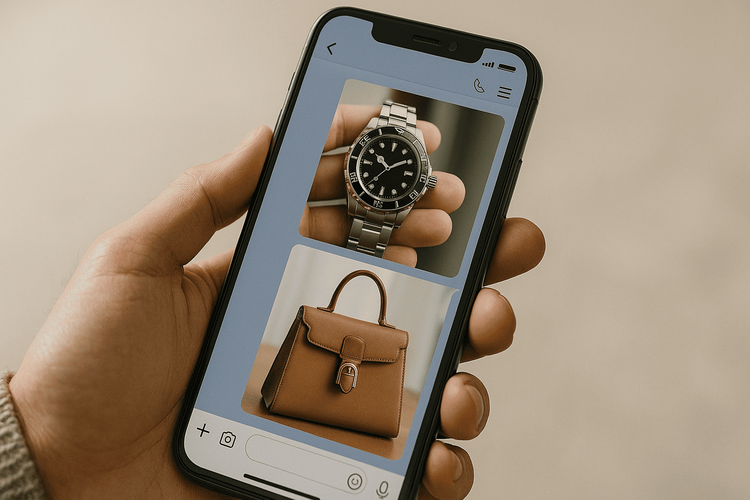 スマートフォンでLINEアプリを開き、ブランド品の写真を撮影している様子