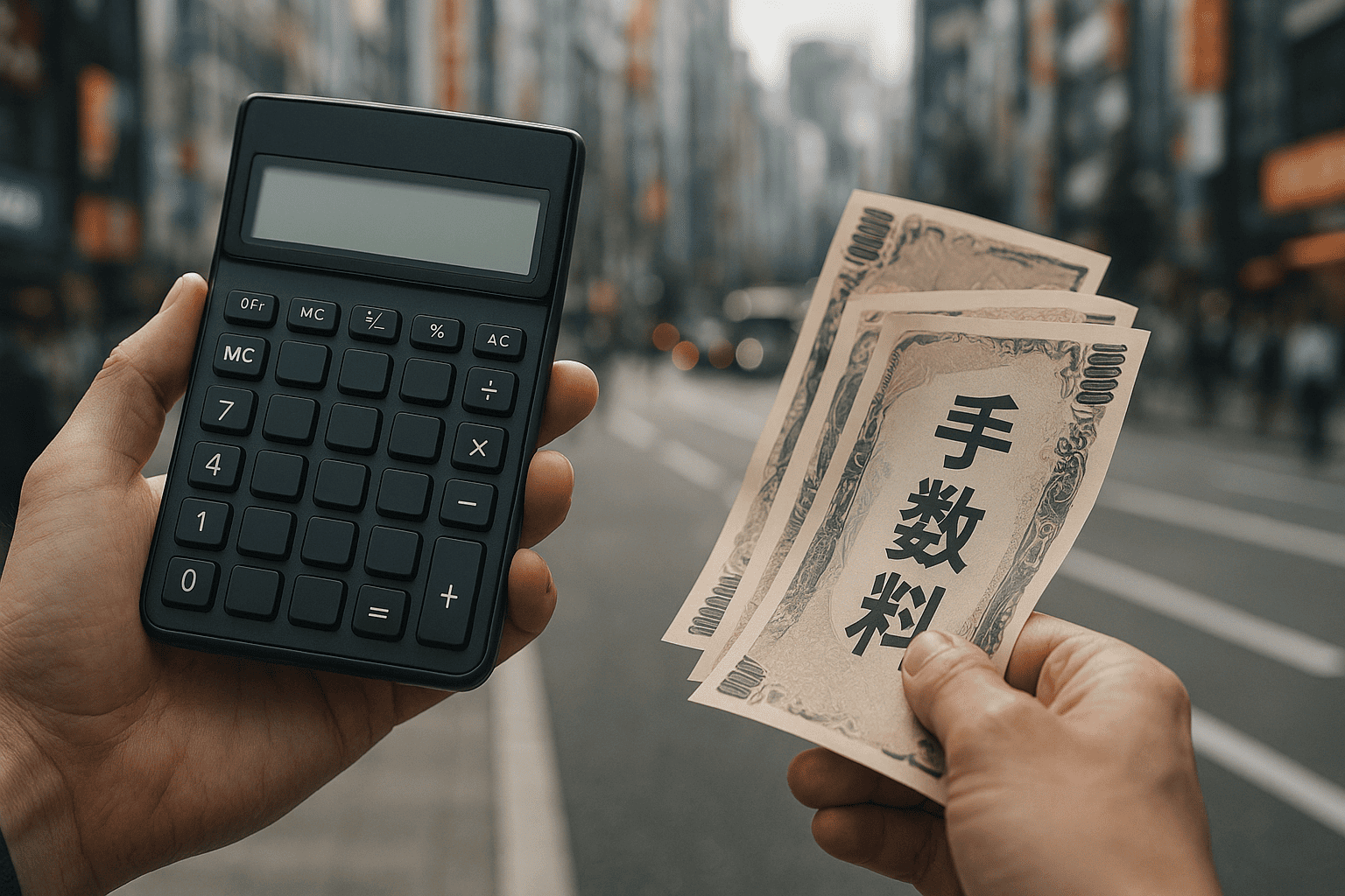 電卓と書類の上で「手数料」と書かれた紙幣が引かれているイメージ、背景に新宿の街