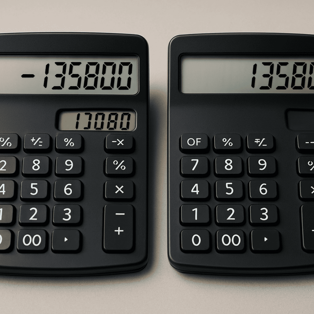 2つの電卓画面で手数料ありとなしの最終金額を比較している様子
