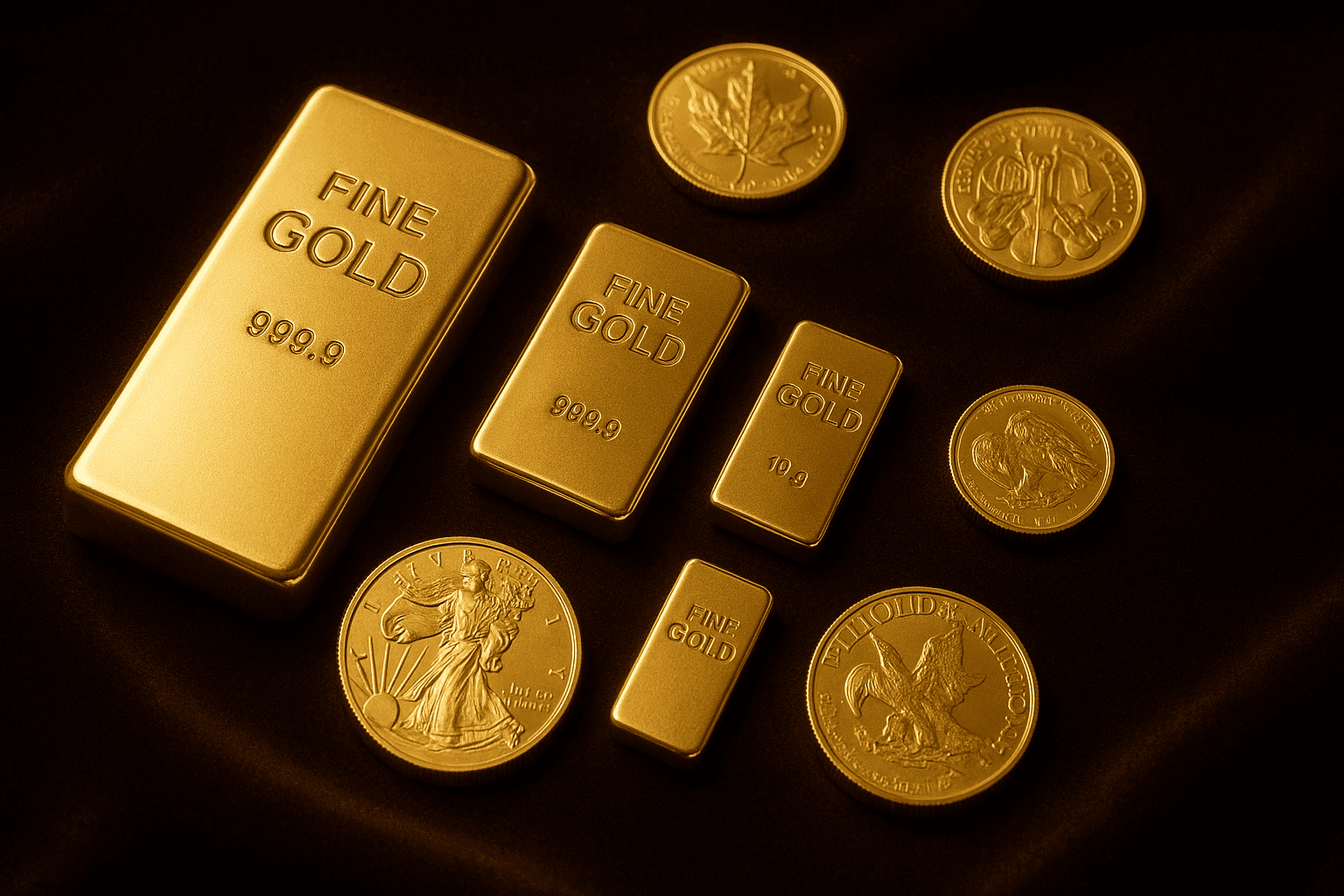 様々なサイズの金インゴットと世界各国の代表的な金貨のディスプレイ