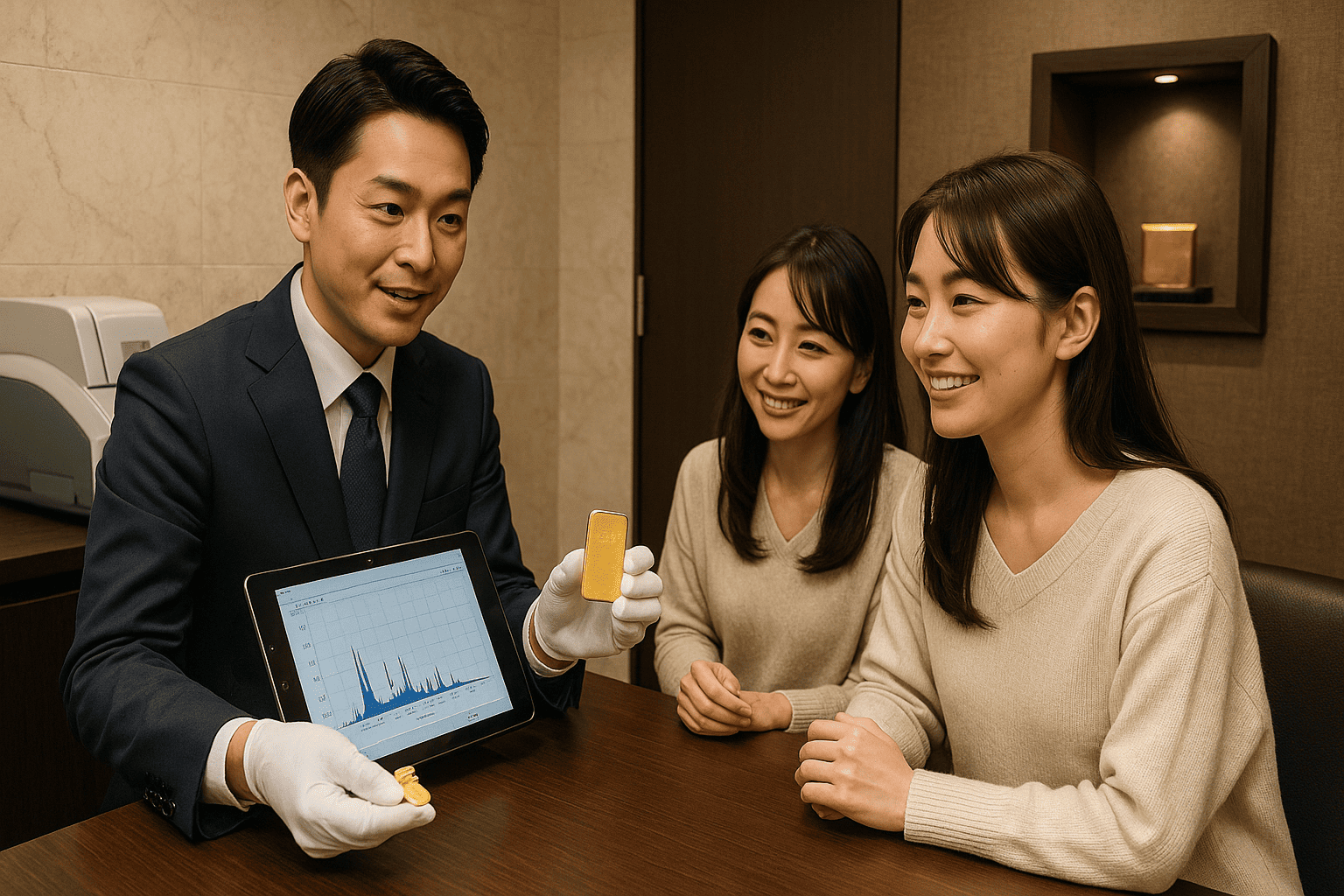 ウォッチニアンの鑑定士が顧客にX線分析装置の結果を見せながらインゴットの査定内容を説明している新宿店のセキュアな査定室