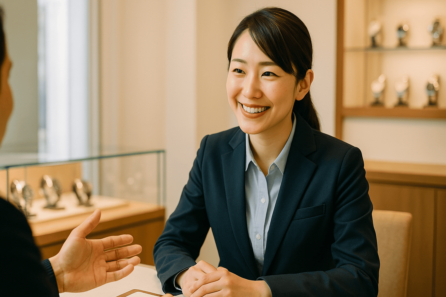 ウォッチニアンの鑑定士がお客様に笑顔で対応しているイメージ