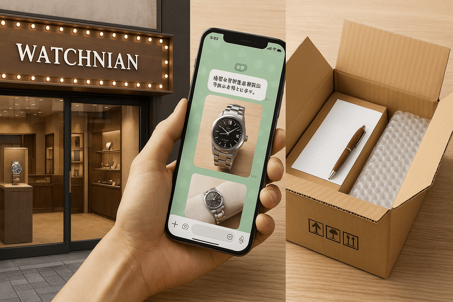 ウォッチニアンの店頭、LINE査定、宅配買取のイメージを組み合わせた画像