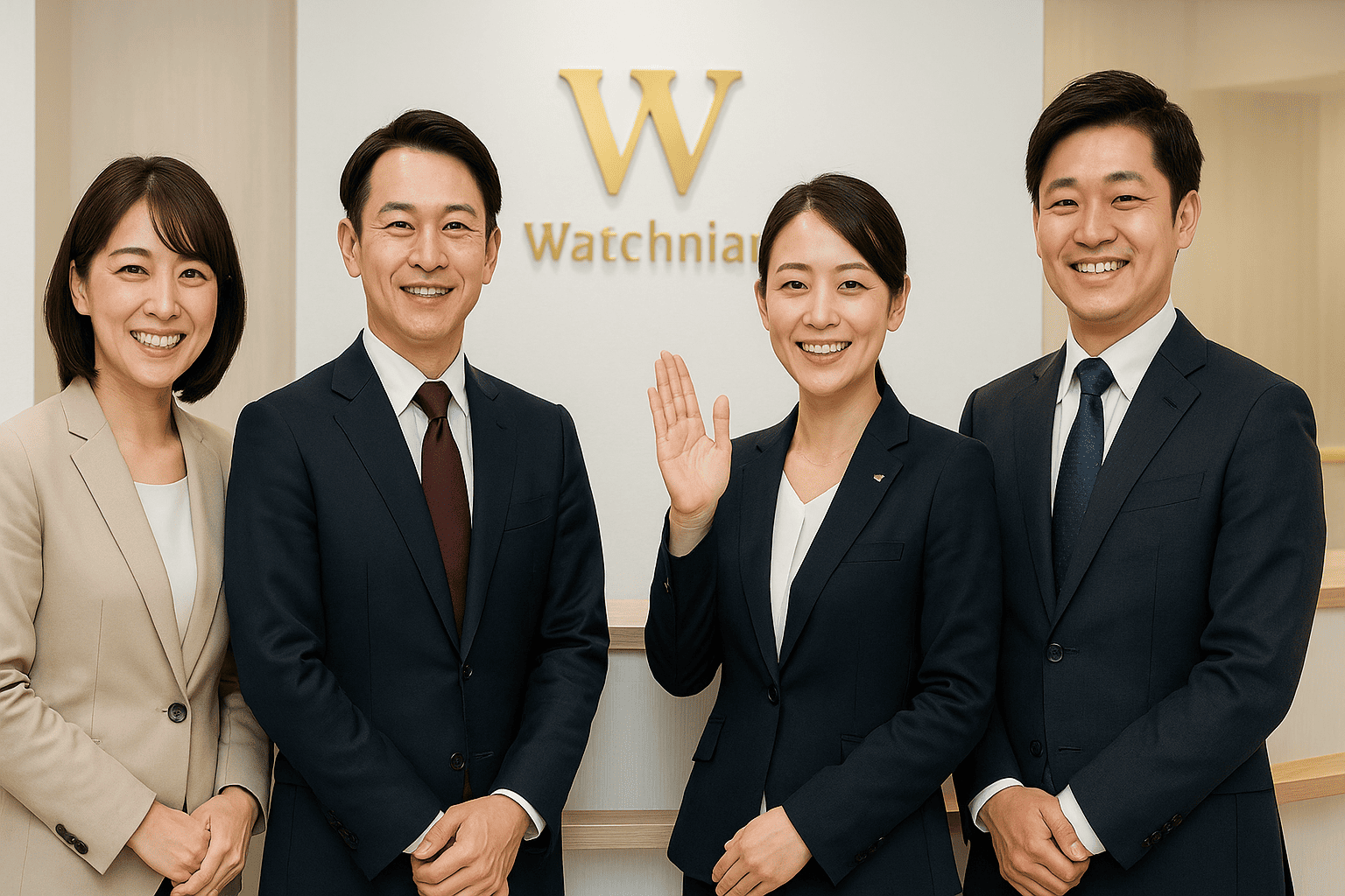 ウォッチニアンの店舗スタッフがお客様を笑顔で迎えるイメージと感謝のメッセージ