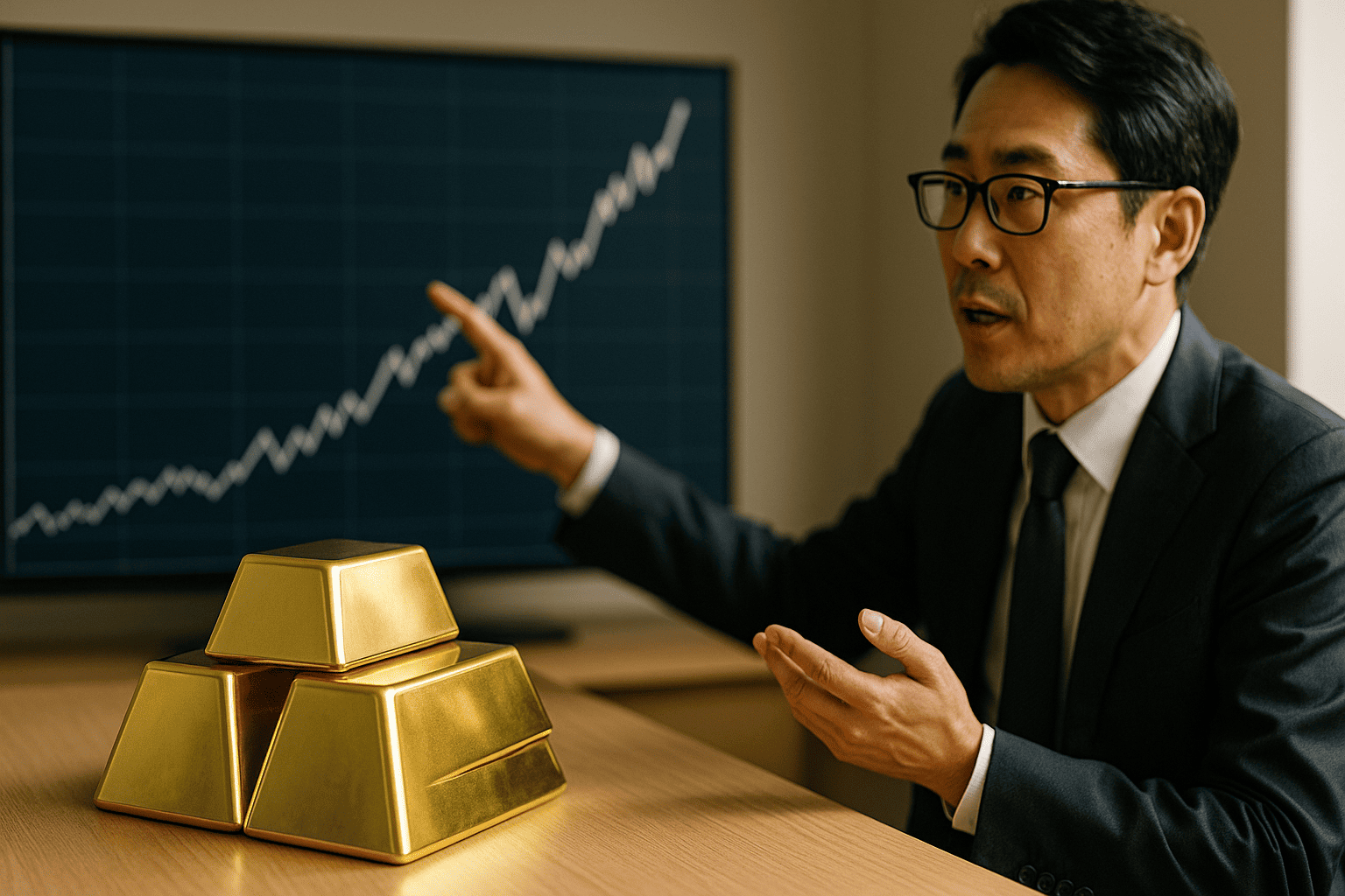 金の延べ棒とグラフを背景に、専門家が金相場について解説しているイメージ