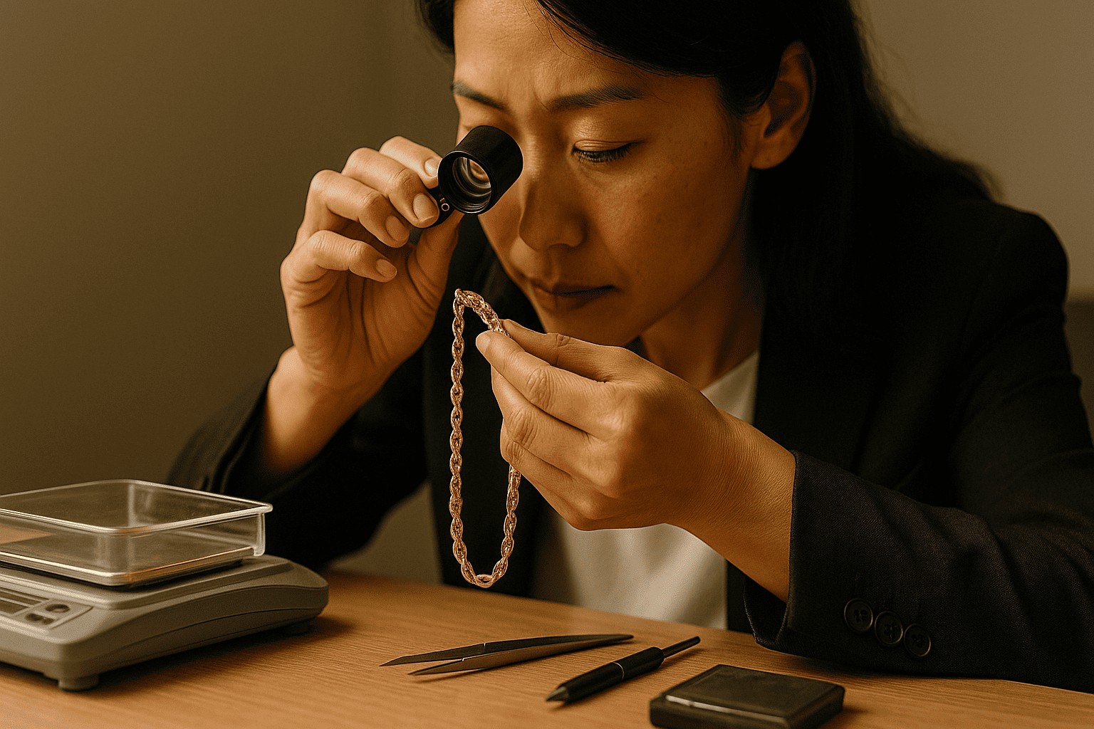 鑑定士が金のネックレスを丁寧に査定している様子。ルーペや計量器が見える。