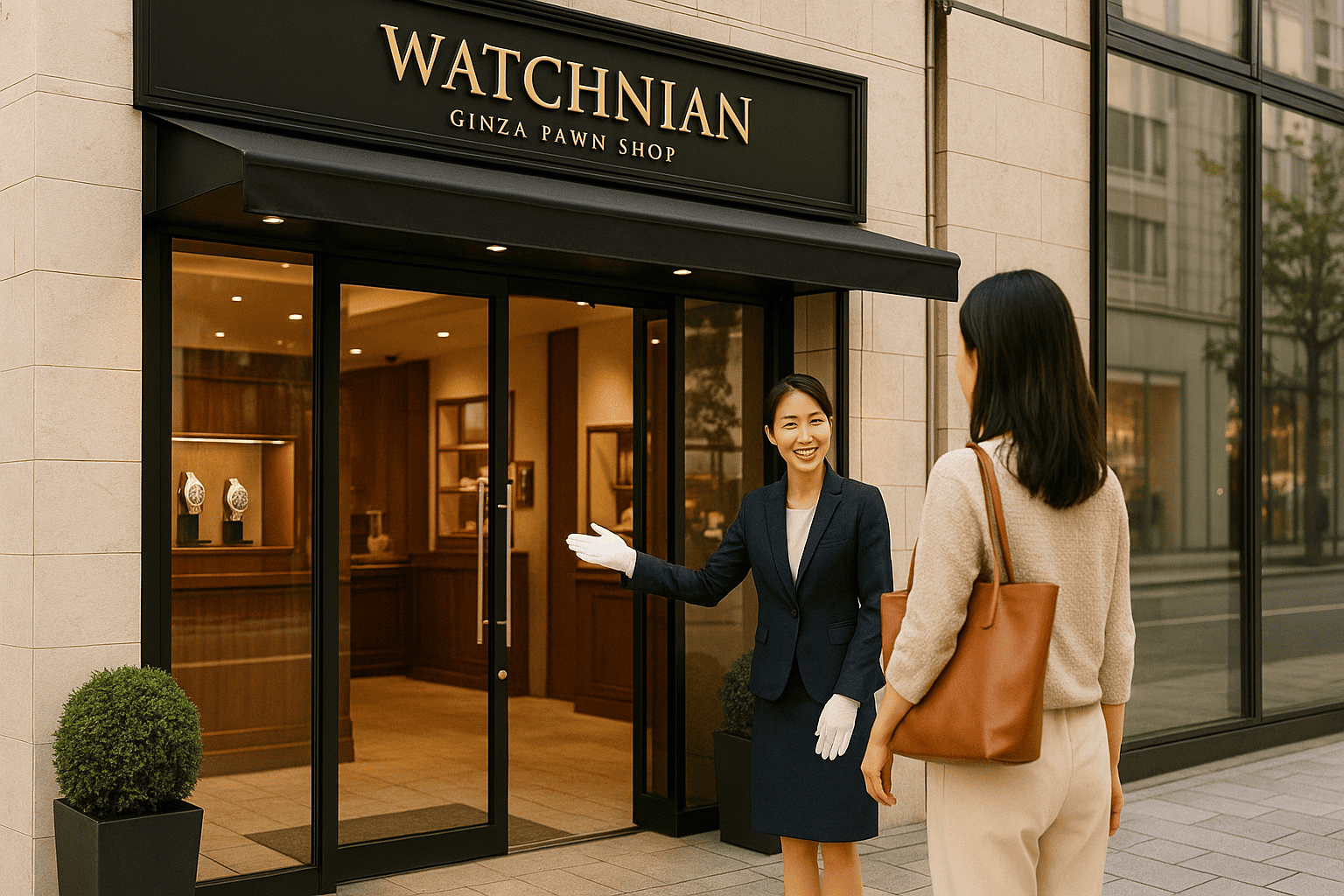 高級感のあるウォッチニアン買取専門店の銀座の店舗外観と、親切なスタッフがお客様を迎えるイメージ。