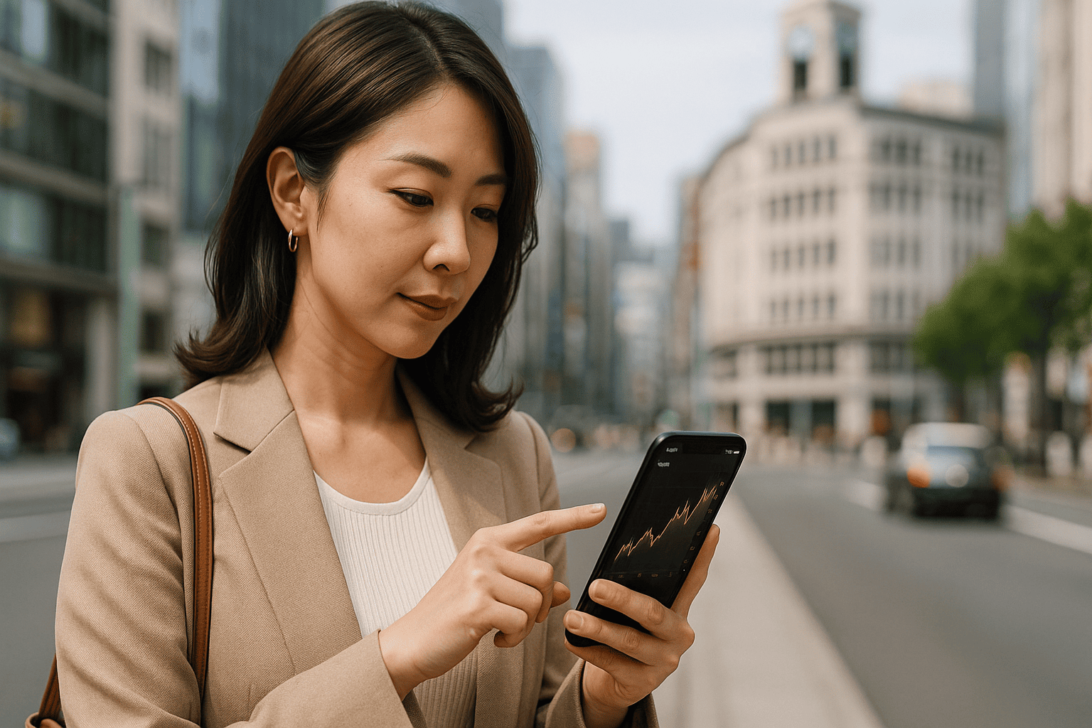 スマートフォンで金相場グラフをチェックしている日本人女性と、背景に銀座の街並みが見えるイメージ
