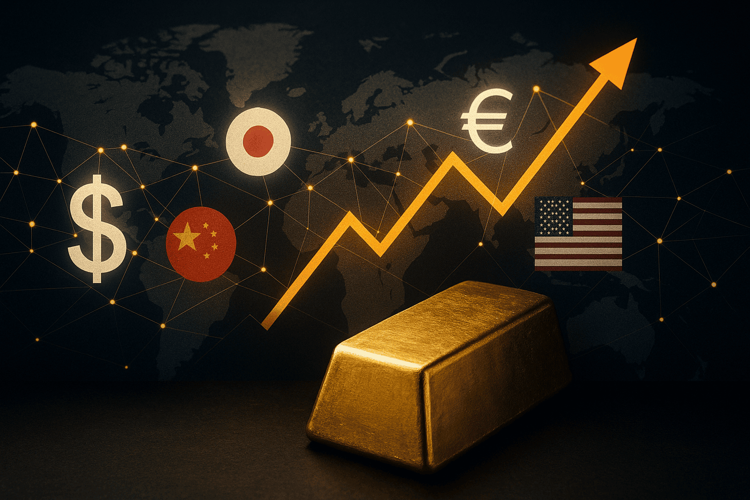 世界地図と経済指標のグラフを背景に、金価格変動の要因を分析するイメージ。ドルマークや各国の国旗も見える。
