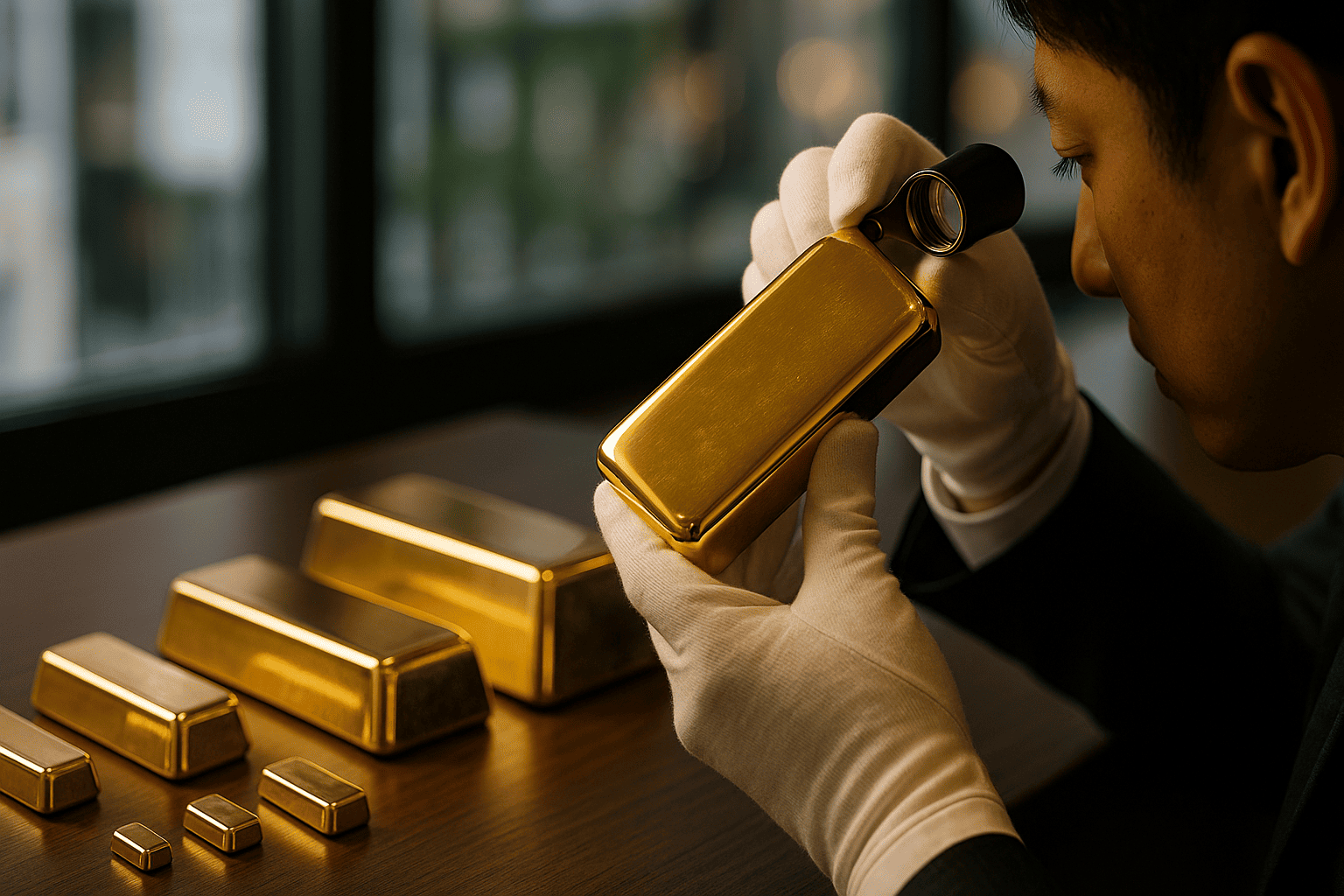 様々なサイズの金インゴット(金塊)が並べられ、その一つを鑑定士が丁寧に調べている様子。背景には銀座の高級感ある雰囲気。