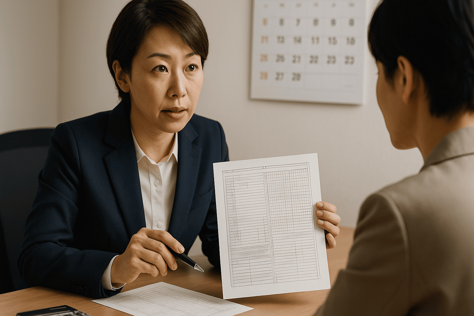 税理士と相談者が確定申告書類を確認している様子。背景にカレンダーがあり、金の保有期間を意識させる。