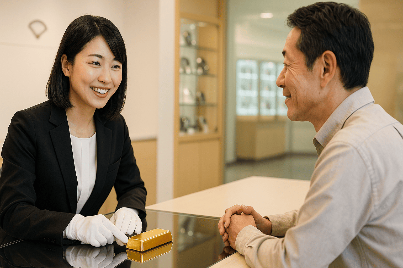 ウォッチニアン買取専門店の銀座の店舗内で、お客様が鑑定士と安心してインゴットの査定について話しているシーン。