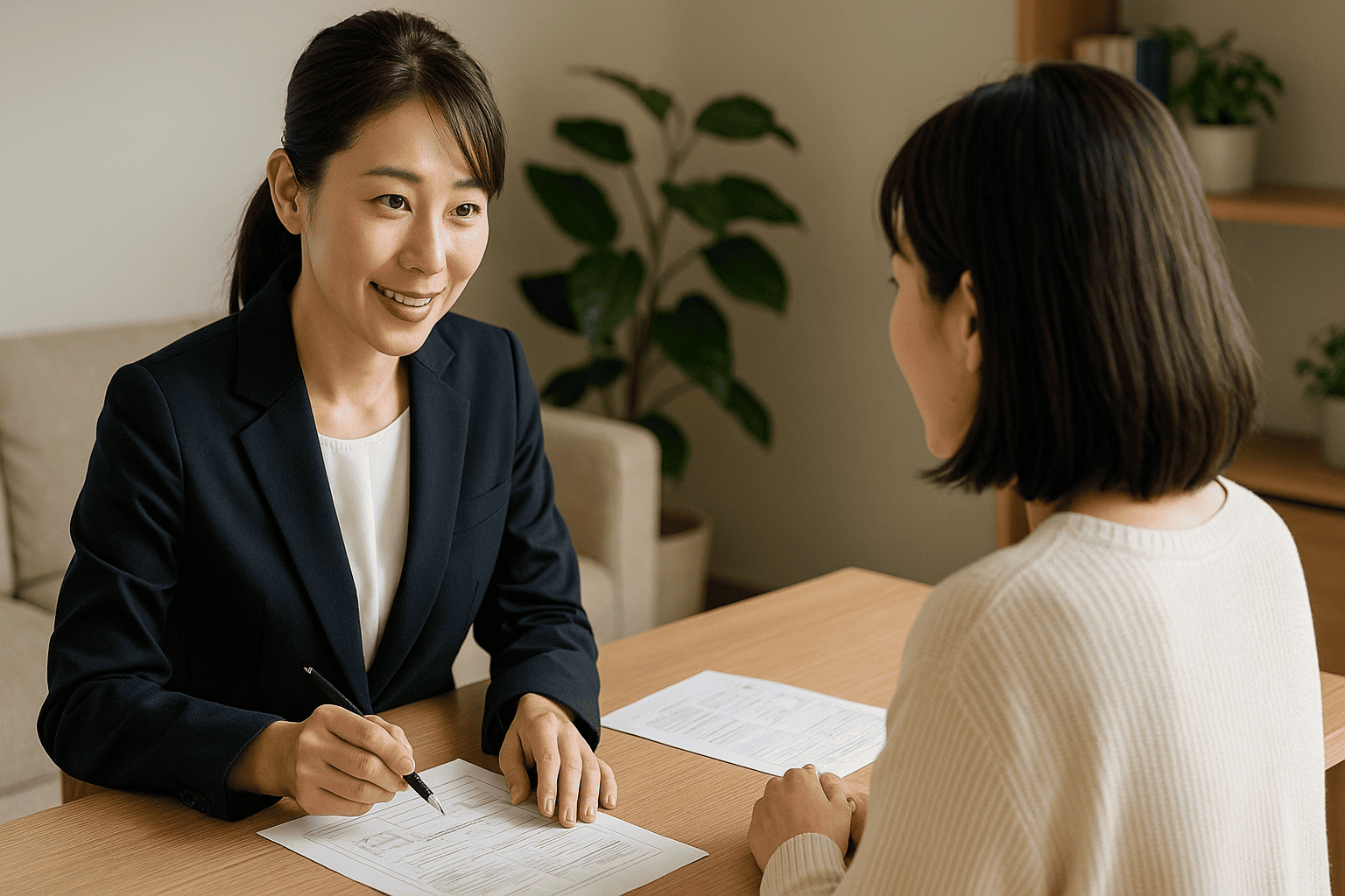 税理士が顧客(相続人)に相続税や譲渡所得税について説明しているシーン。落ち着いた相談室の雰囲気。