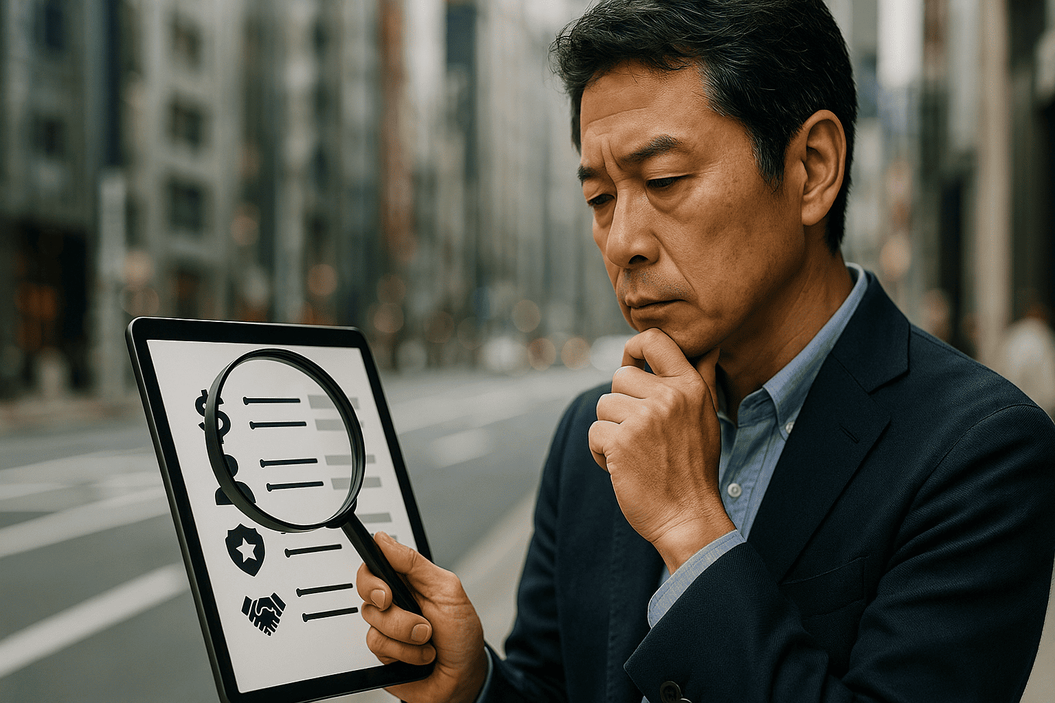 虫眼鏡で「金買取店 比較 銀座」と書かれたリストをチェックしている日本人のイメージ。選択肢の多さと慎重な店選びを表現。