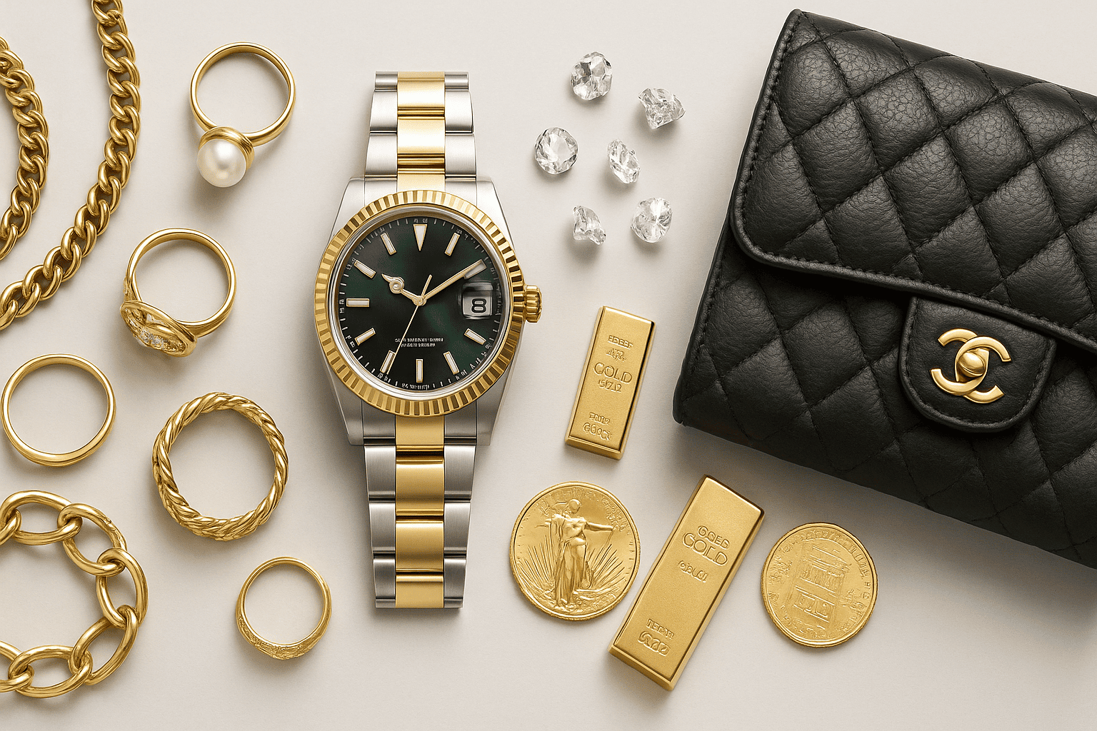 金製品、高級時計、ブランドバッグ、宝石などが美しく並べられ、ウォッチニアンの買取品目の幅広さを示している。