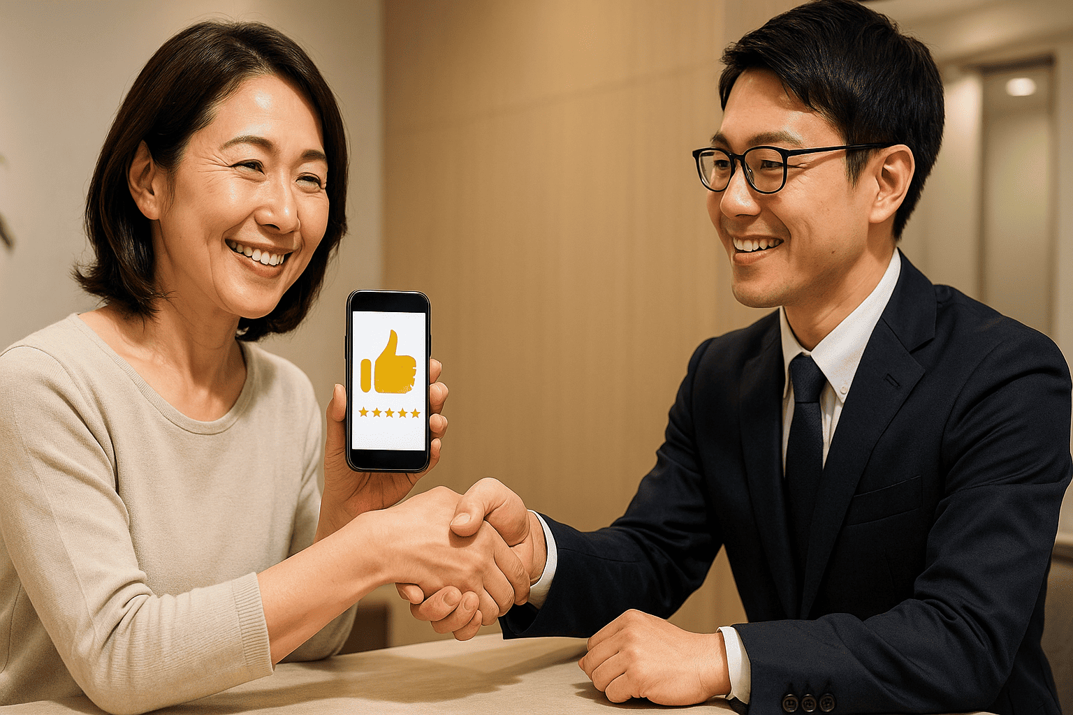 お客様が笑顔で口コミを書いているか、満足そうにスマートフォンでレビューを投稿しているイメージ。