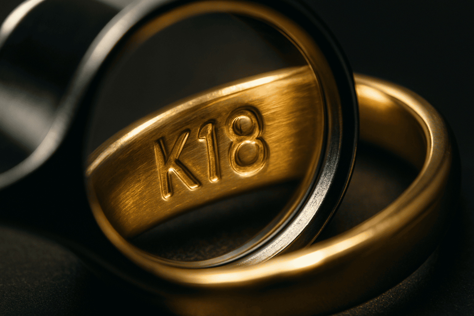 金の指輪の内側に打たれた「K18」や「750」といった刻印をルーペで拡大して見ているイメージ。刻印の重要性を示す。