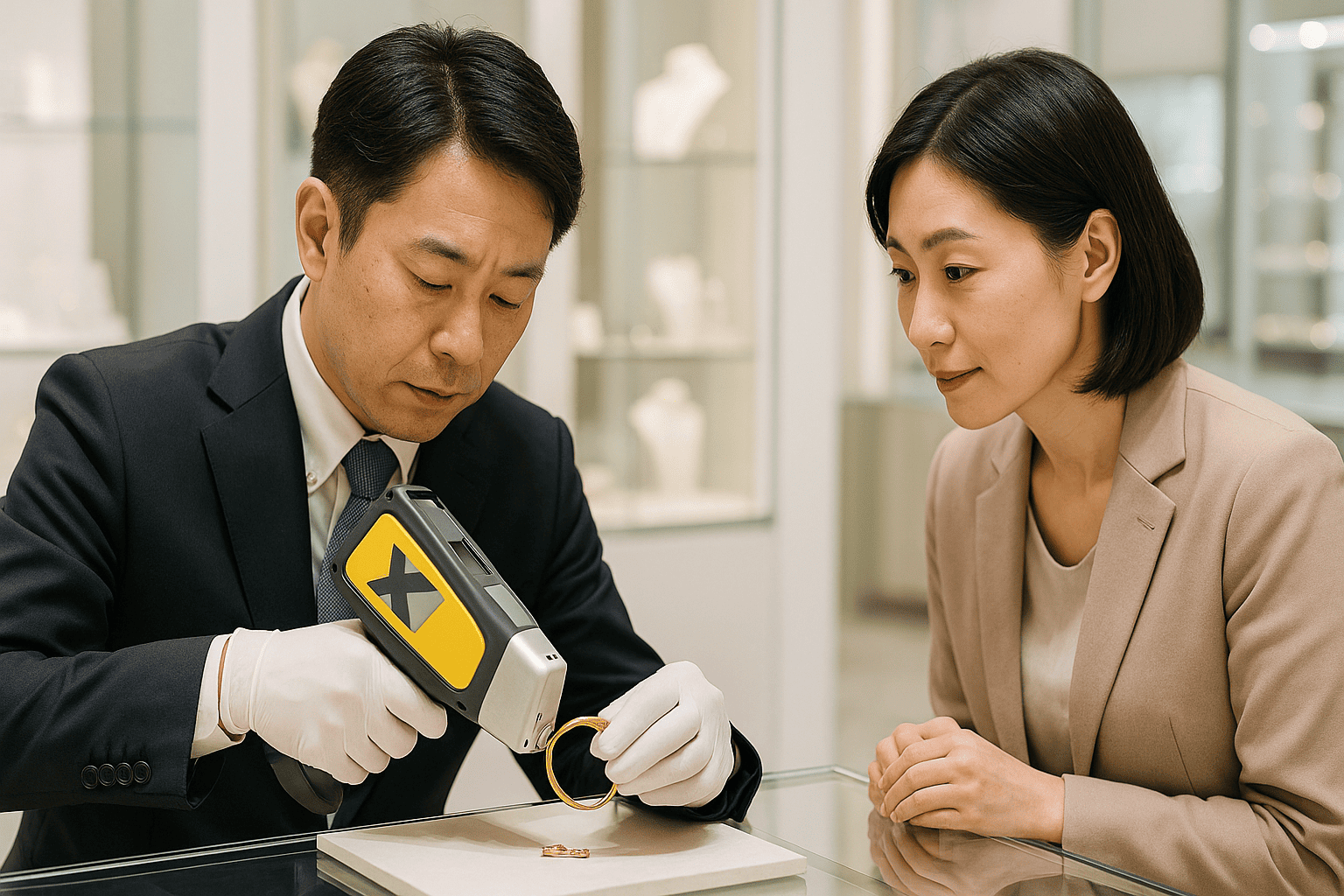 ウォッチニアンの鑑定士が、XRF分析計を使って壊れた金製品の品位を調べている様子。お客様が横で見守っている。