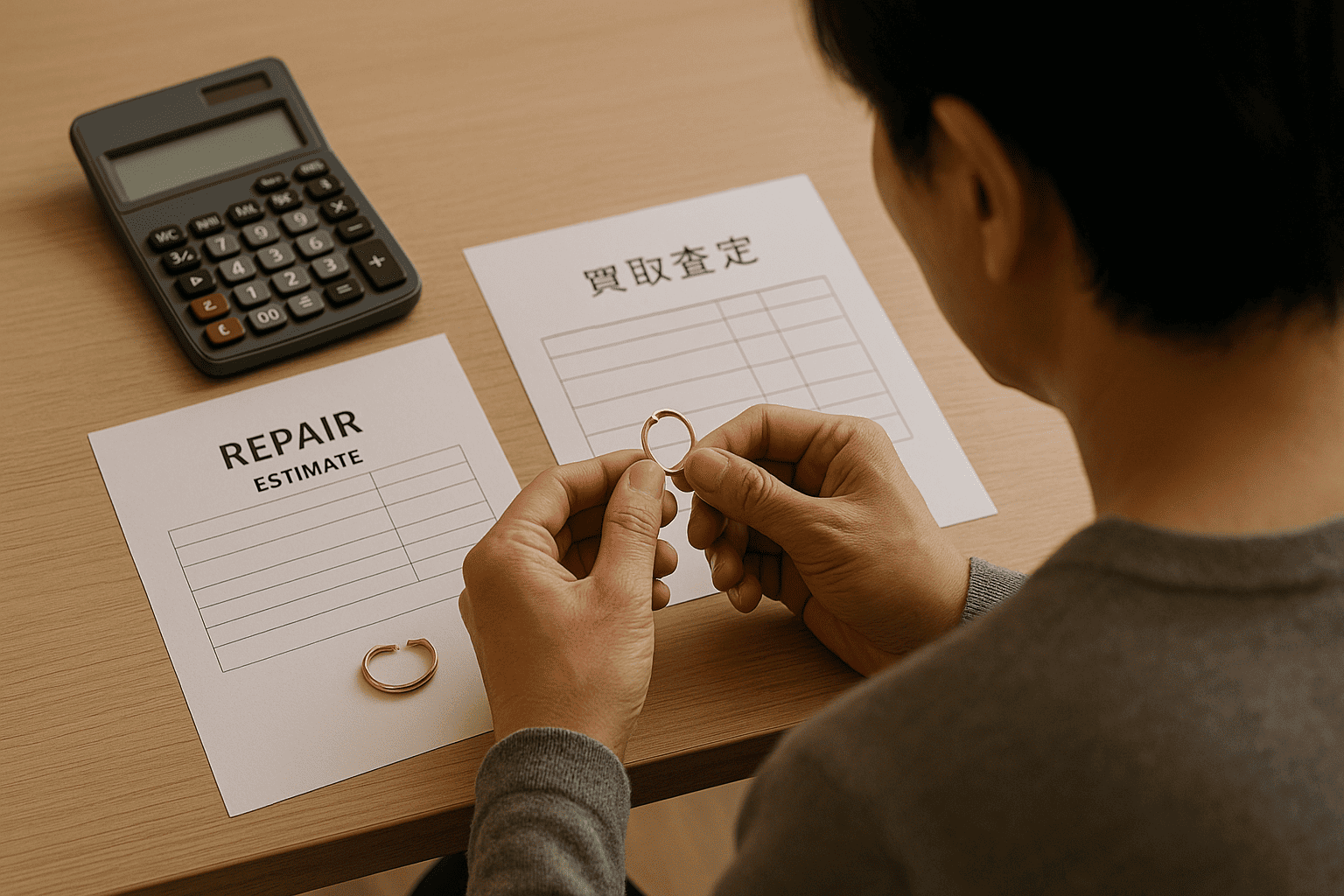 電卓を叩きながら、壊れた金の指輪と修理見積書、そして買取査定書を見比べている日本人のイメージ。