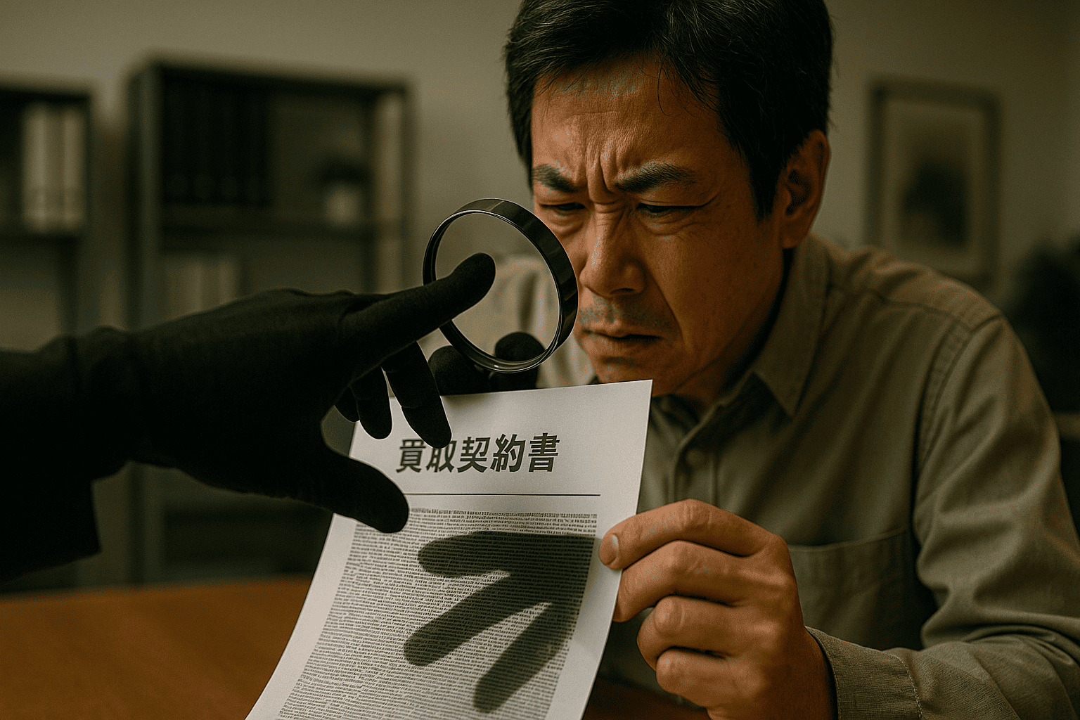 虫眼鏡で契約書の細かい文字を読もうとしているが、悪徳業者がそれを隠そうとしているような風刺画風のイメージ。