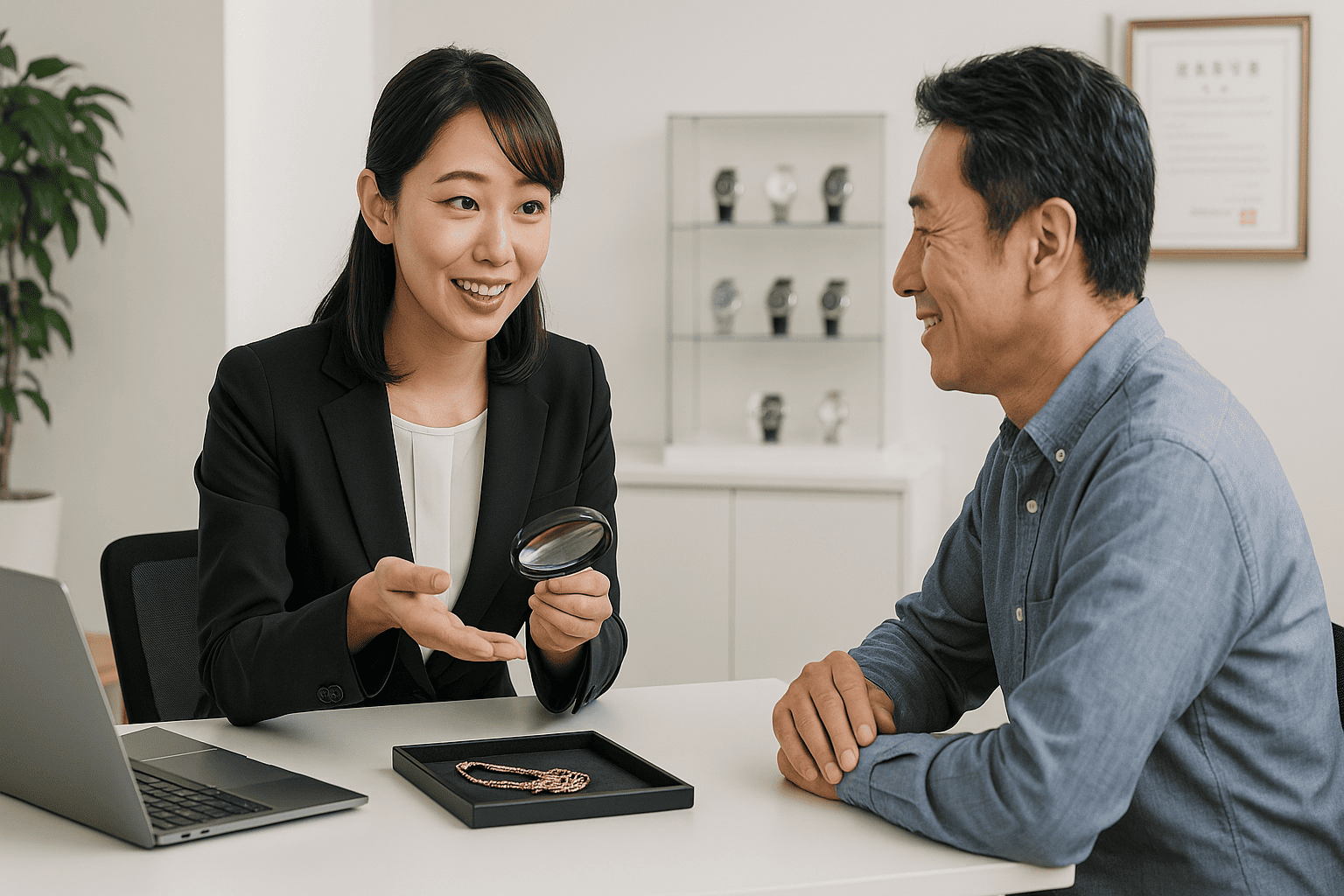 ウォッチニアン買取専門店の明るく清潔な銀座の店舗内。お客様が安心して鑑定士と話している様子。