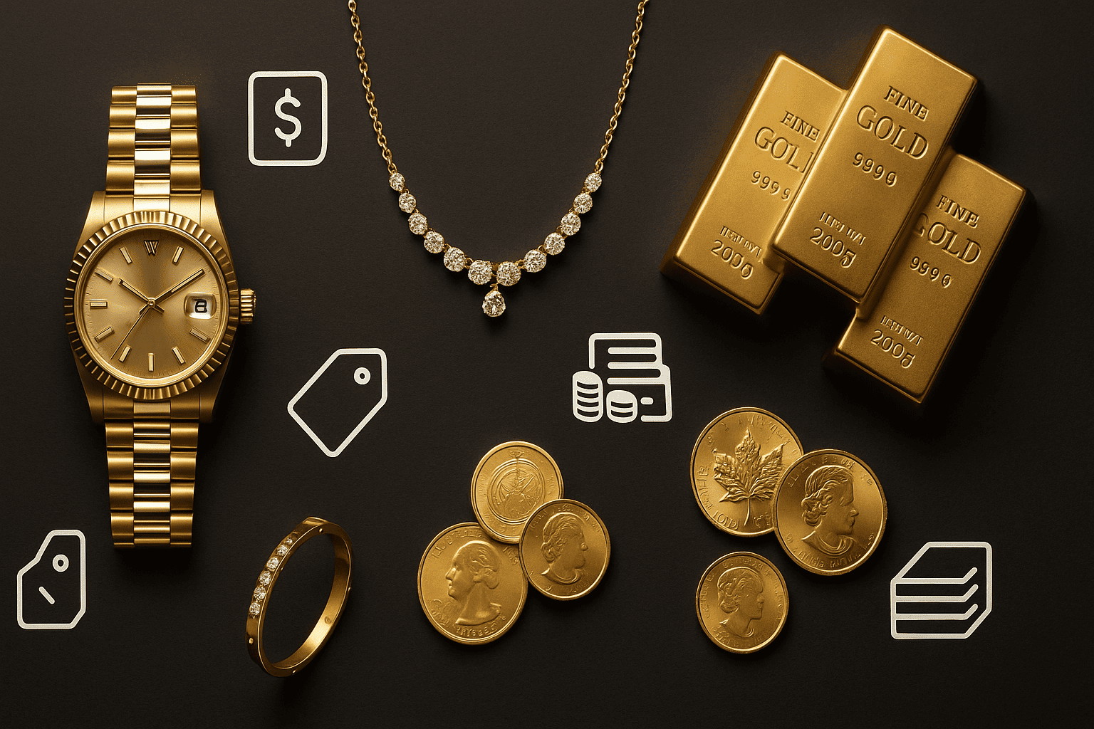 様々な金製品(インゴット、ブランドジュエリー、金貨など)と、それに対応する高額な査定額(イメージ)が並んでいる。
