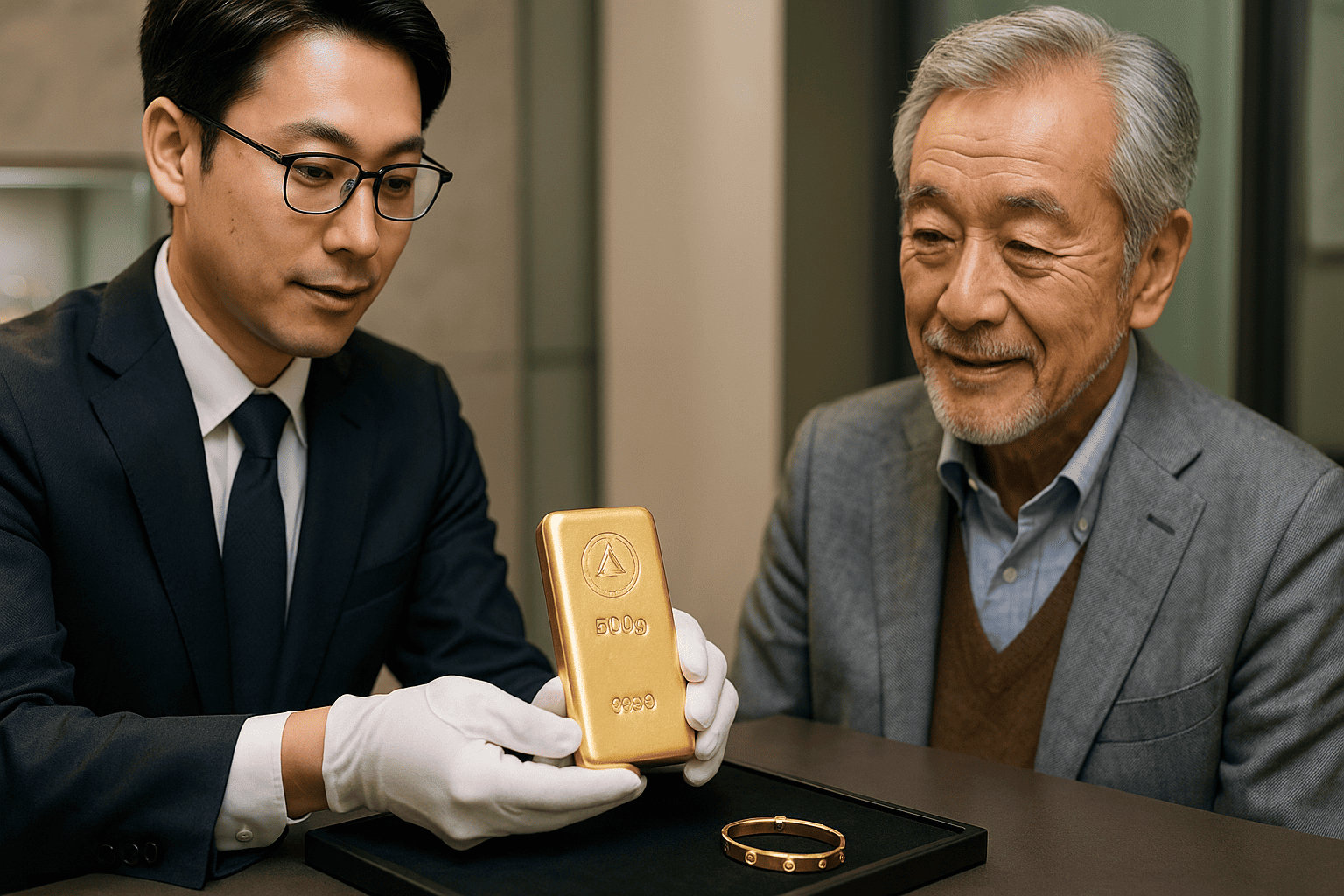 鑑定士がLBMA認定の純金インゴットを丁寧に扱い、査定している様子。お客様も安心した表情で見守る。