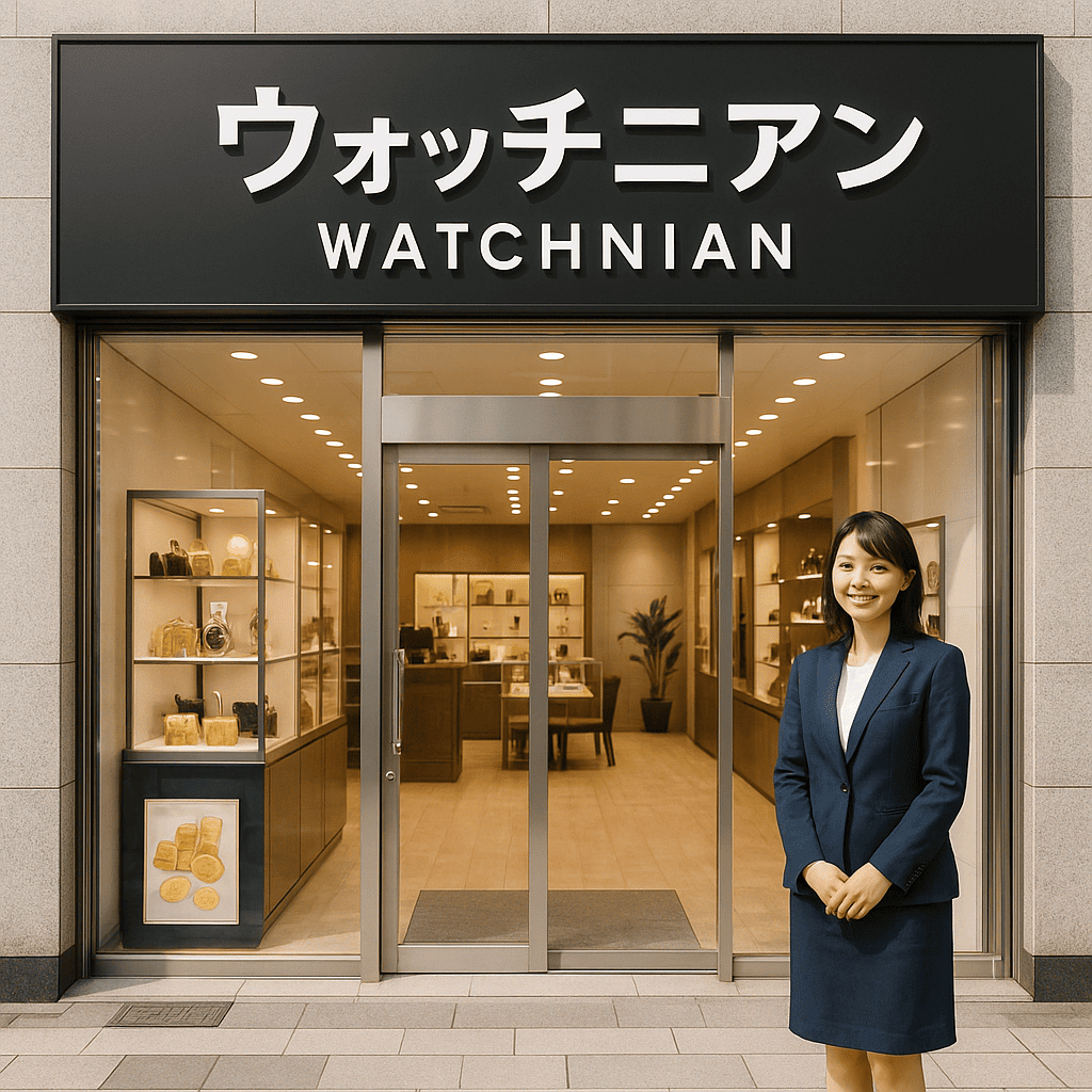 ウォッチニアン買取専門店の銀座の店舗スタッフが、お客様を笑顔でお迎えしているイメージ。店舗の信頼感と親しみやすさを表現。
