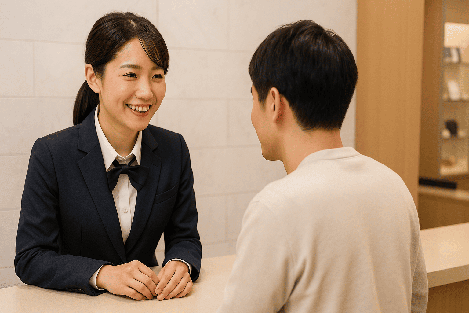ウォッチニアン買取専門店の受付カウンターでスタッフが丁寧に対応しているシーン