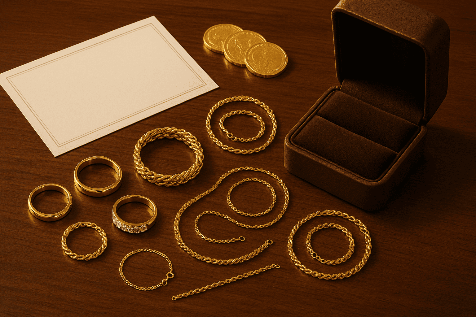 金のジュエリーや金貨、鑑定書、ジュエリーボックスが並び、高価買取をイメージさせる画像