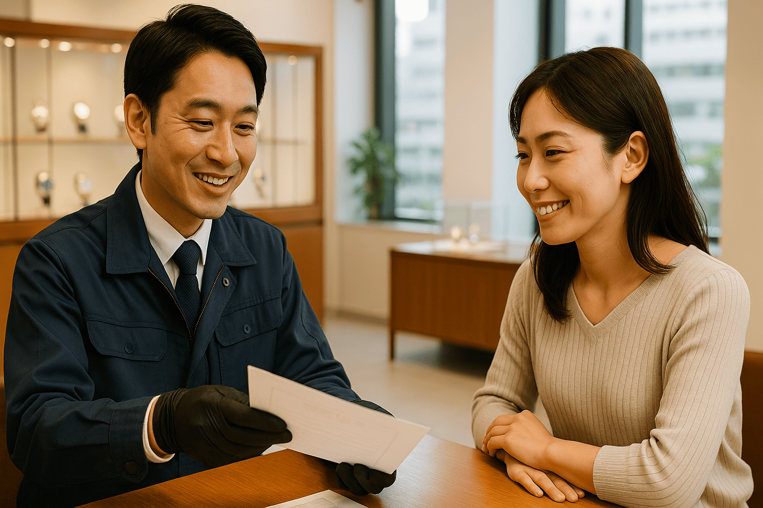 ウォッチニアン買取専門店の鑑定士が顧客に笑顔で査定結果を説明しているシーン。背景には新宿の店舗。
