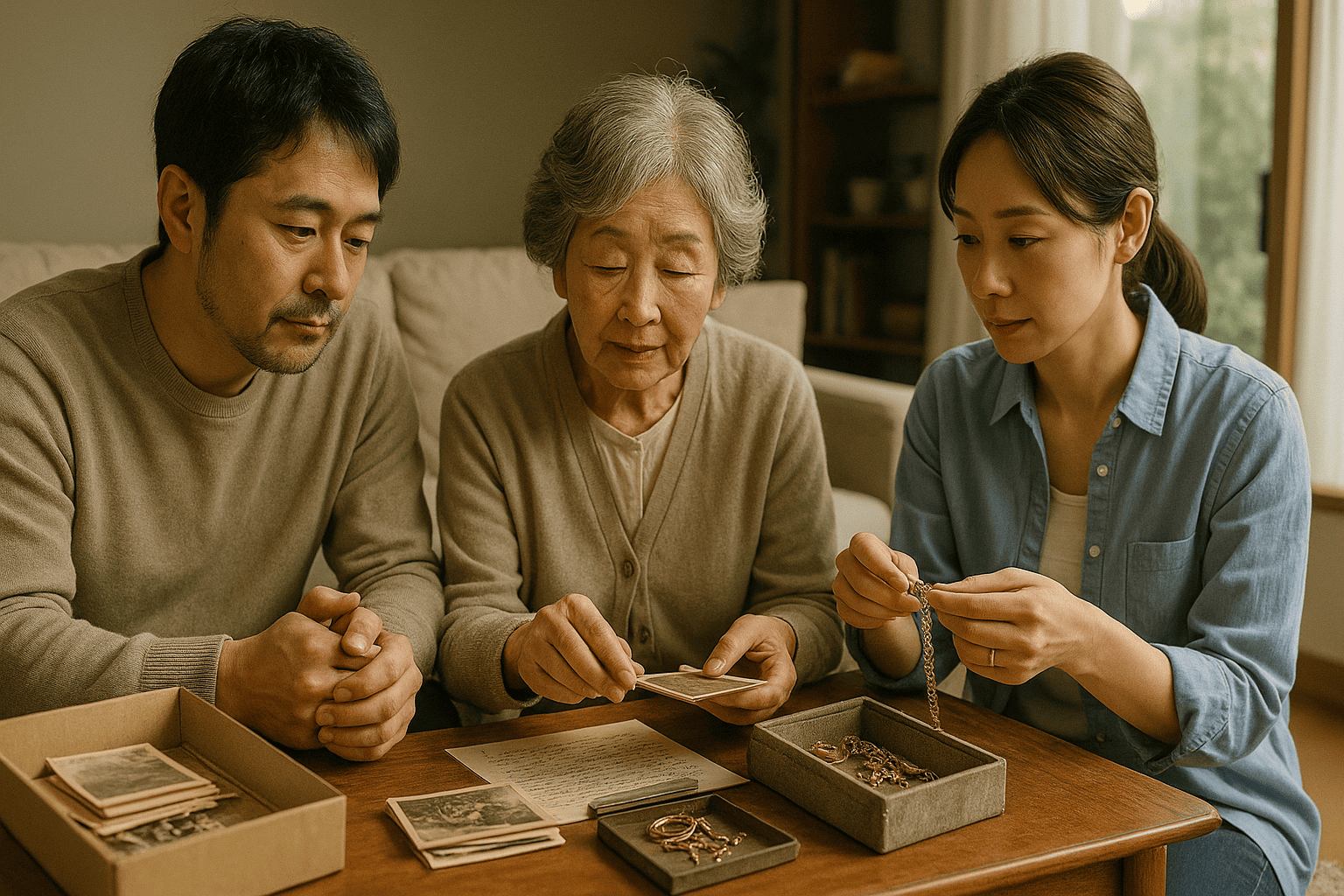 鑑定士が金の刻印をルーペで確認している手元のアップ、または家族が穏やかに遺品を整理している場面