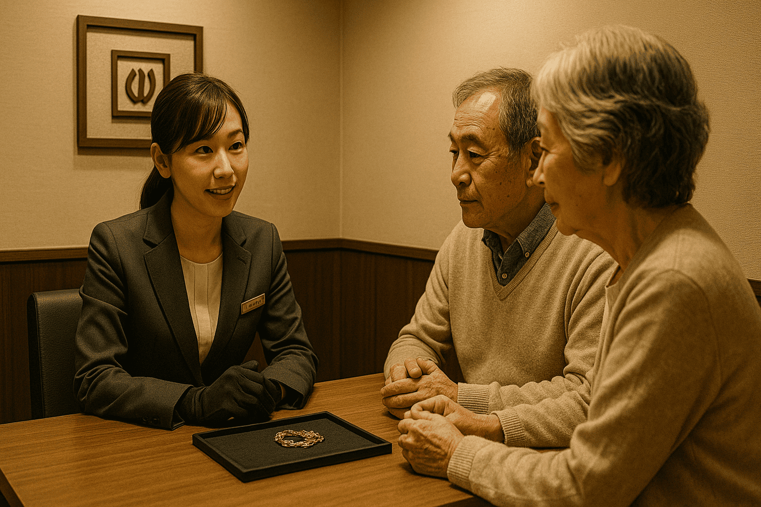 ウォッチニアンの鑑定士が年配の顧客に親身に寄り添い、査定結果を説明している新宿店の個室ブース