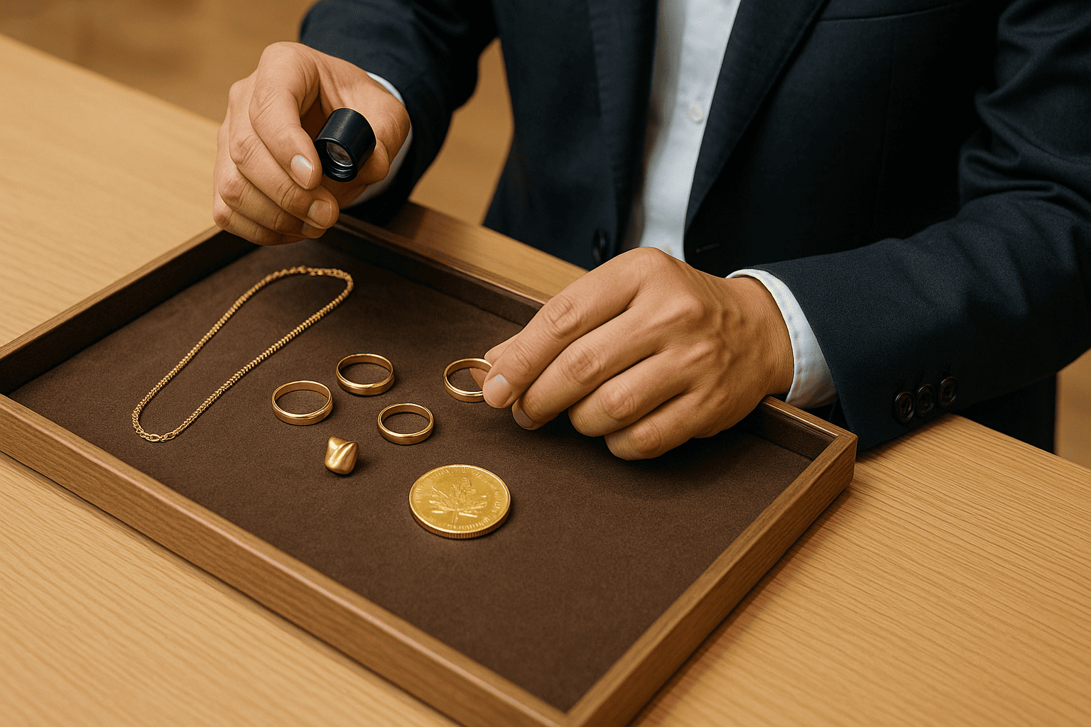 様々な金製品(ネックレス、指輪、金貨など)が査定トレイに並び、鑑定士がチェックしている様子