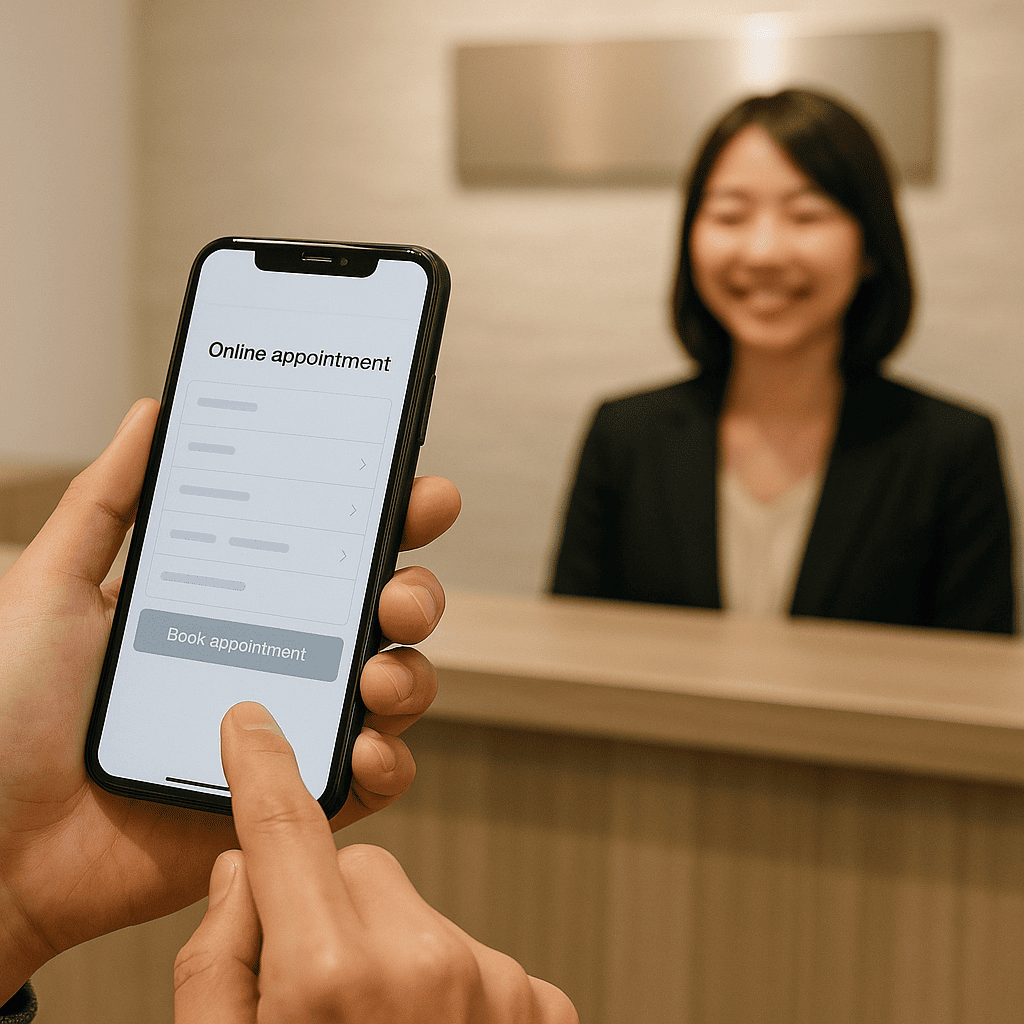 スマートフォンでウォッチニアンの来店予約画面を表示している手元、または受付で笑顔のスタッフがお客様を迎えているシーン