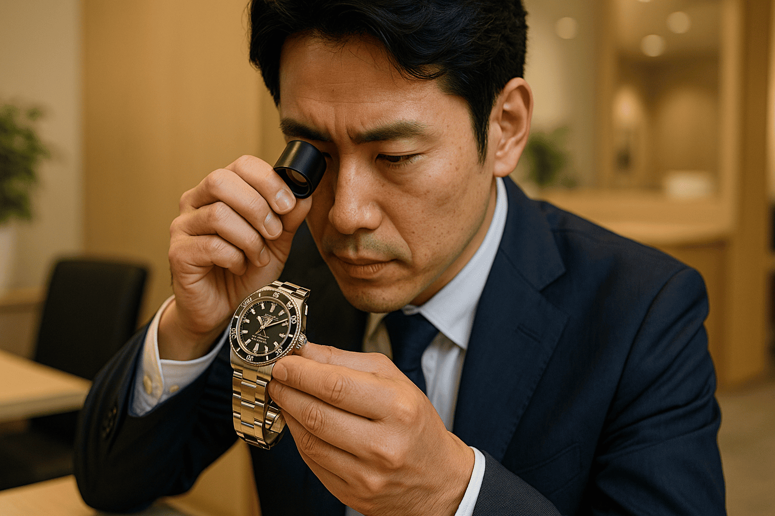 時計鑑定士がルーペで時計を丁寧に査定している様子