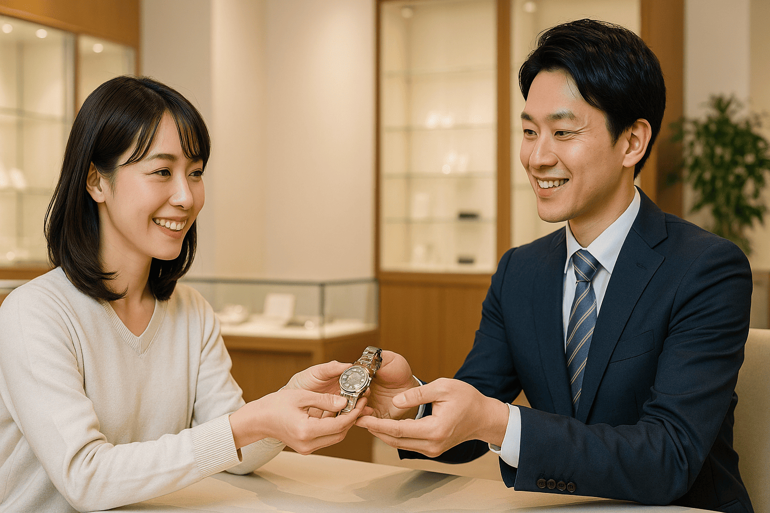 笑顔で時計を査定に出す日本人女性と対応するウォッチニアンの鑑定士