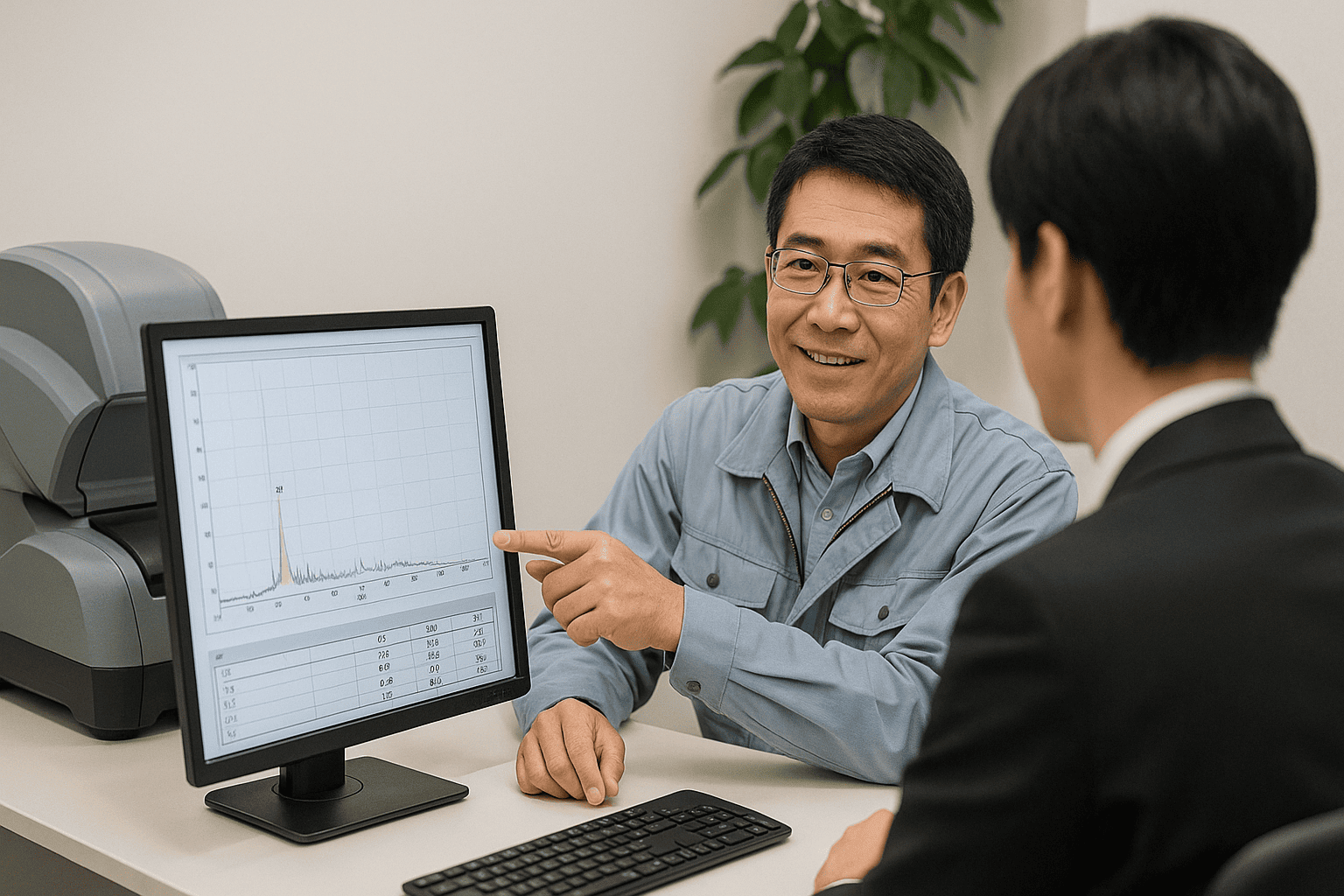 ウォッチニアンの鑑定士が顧客に分析装置のモニターで金歯の成分分析結果を示しながら説明している新宿店の査定室