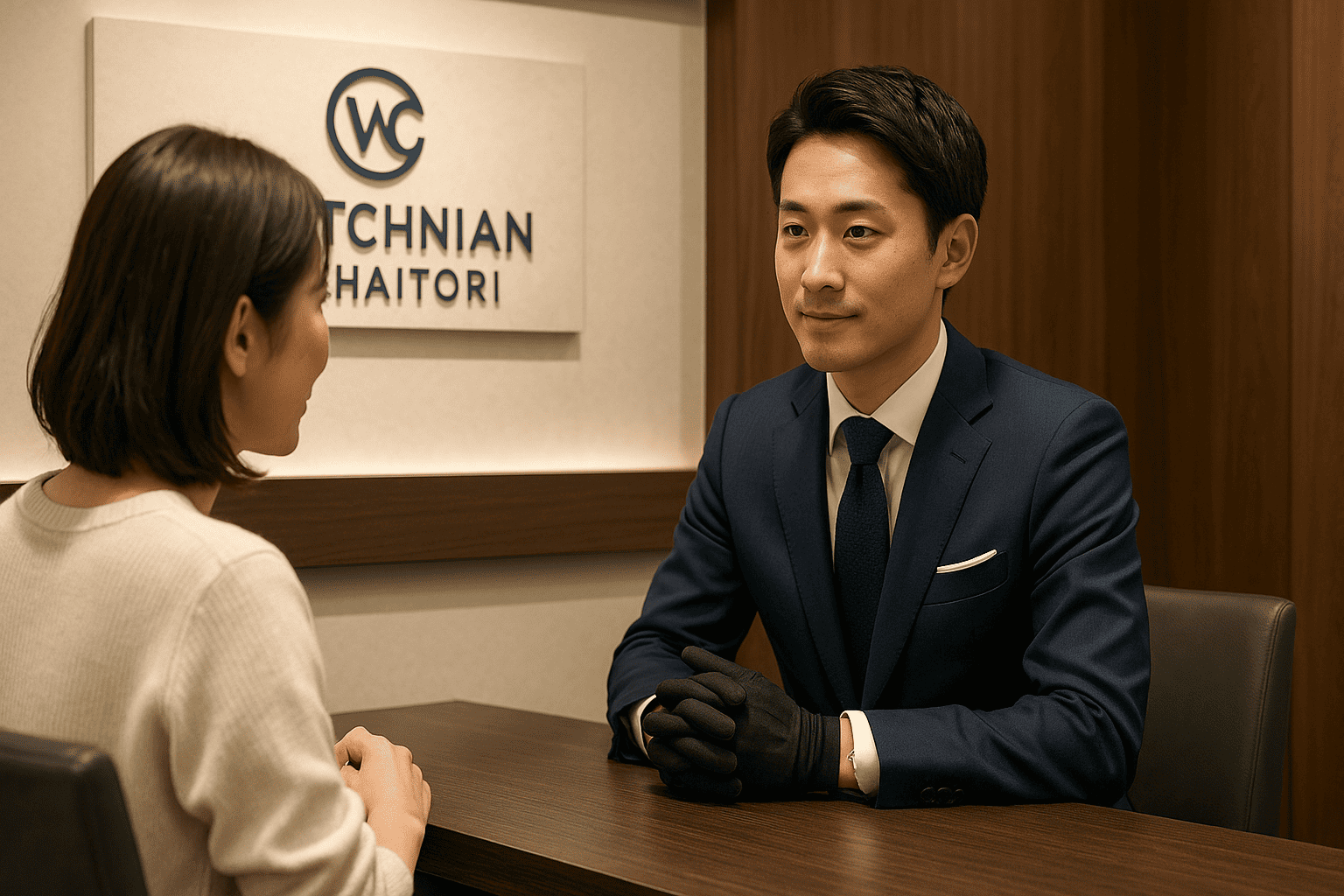 ウォッチニアン買取専門店 銀座店の高級感あふれる店内。スタッフがお客様と話している。