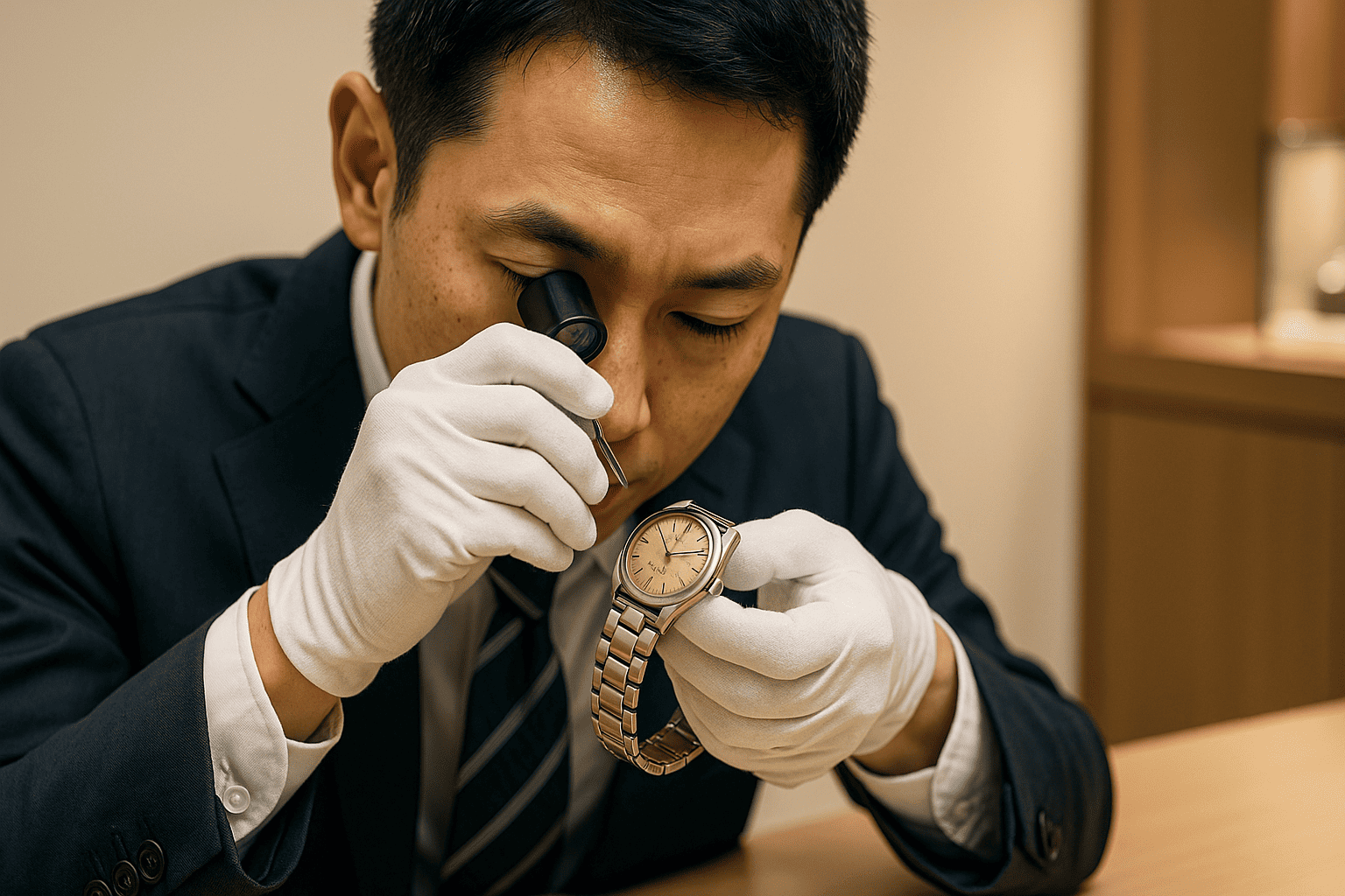 ウォッチニアン買取専門店の鑑定士がお客様に査定結果を説明し、お客様が納得した表情を浮かべている。