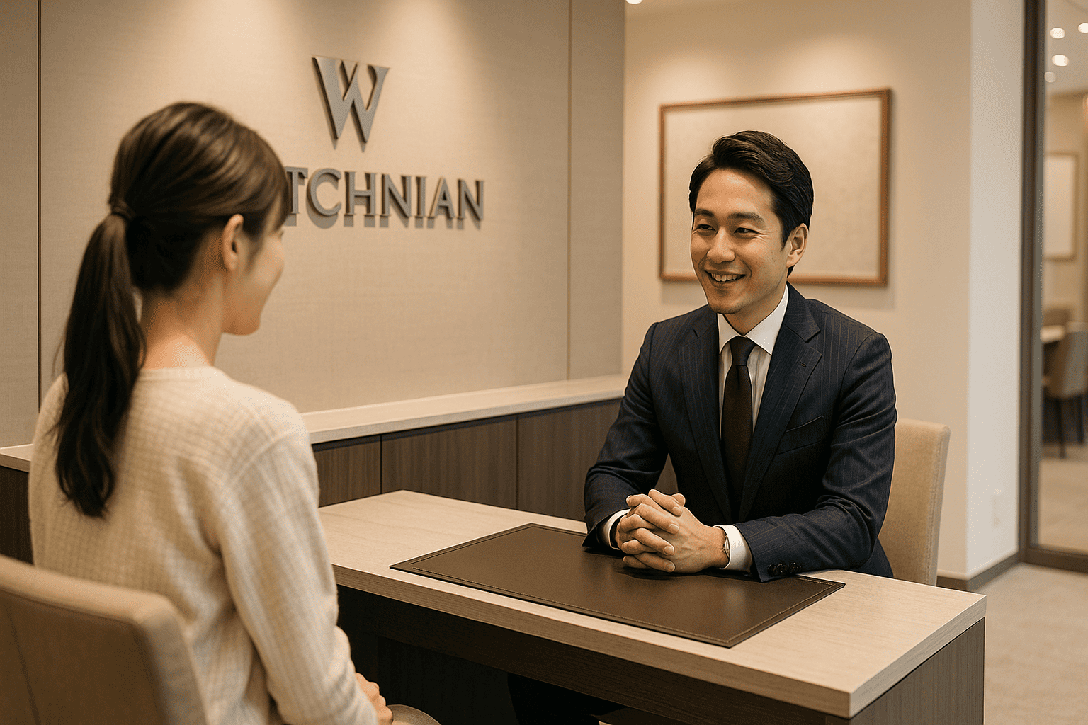 ウォッチニアン買取専門店 銀座店の明るく高級感のある店内で、専門鑑定士がお客様と対面で時計を査定している様子。