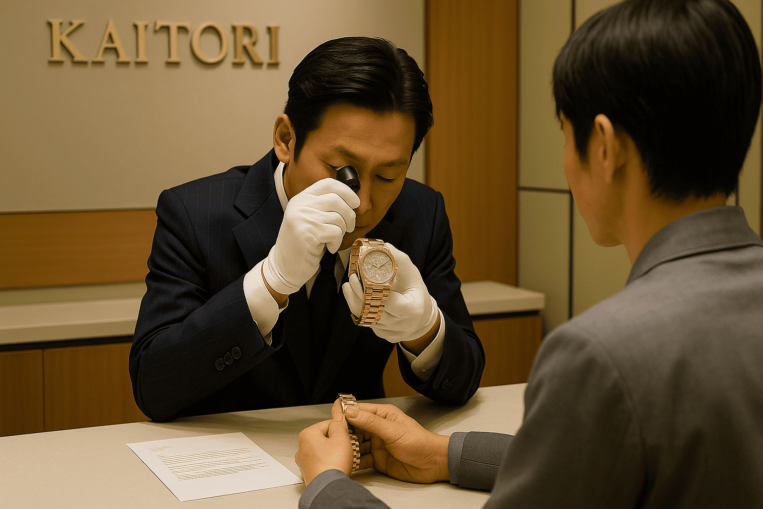 ウォッチニアン買取専門店の銀座店の洗練された内装。専門鑑定士が顧客と相談している。