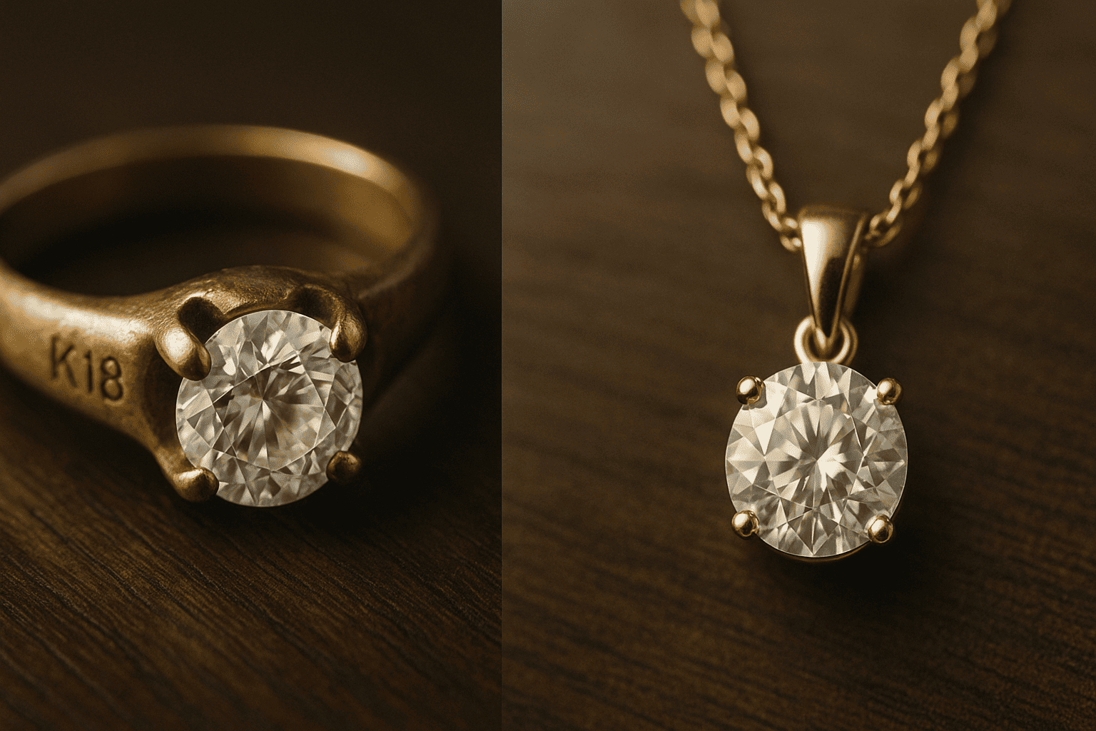 古い金の指輪がモダンなデザインのペンダントに生まれ変わったビフォーアフターのイメージ