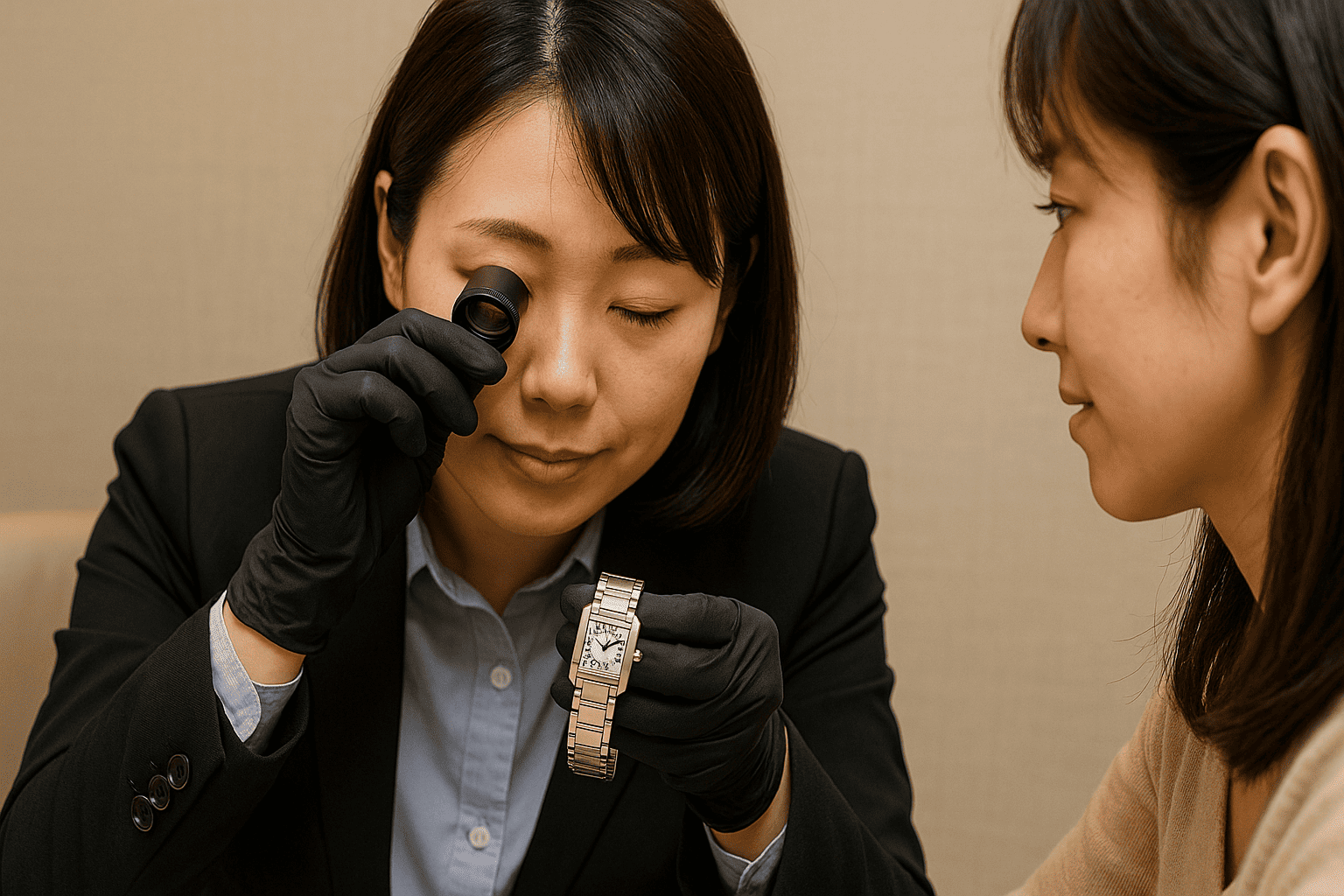 ウォッチニアン買取専門店 銀座店の洗練されたカウンターで、女性鑑定士がお客様のカルティエの時計を優しく査定している様子。