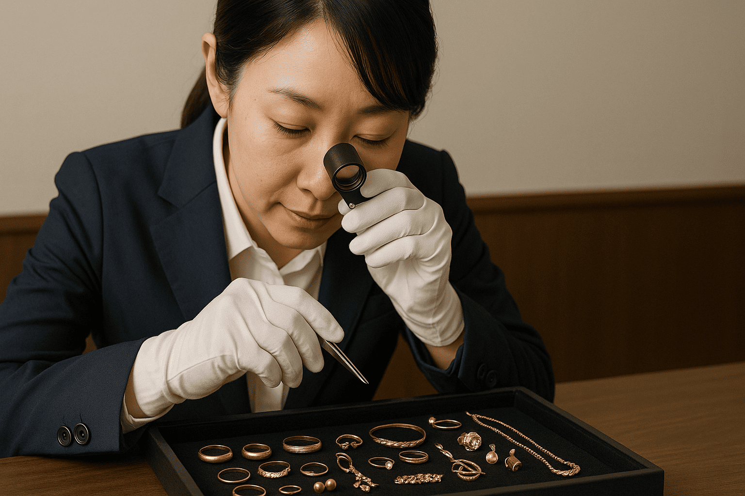 ウォッチニアンの鑑定士が様々なデザインの古い金アクセサリーを丁寧に査定している様子