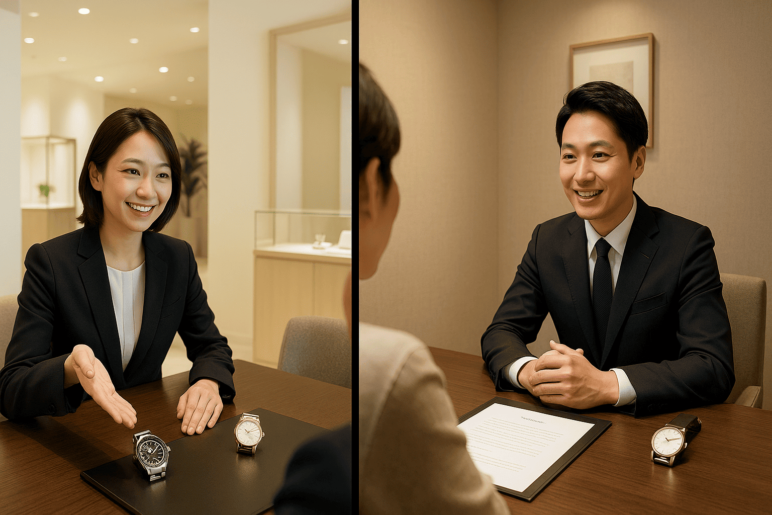 ウォッチニアン買取専門店の銀座店と銀座8丁目店の外観または内装を並べた比較イメージ。