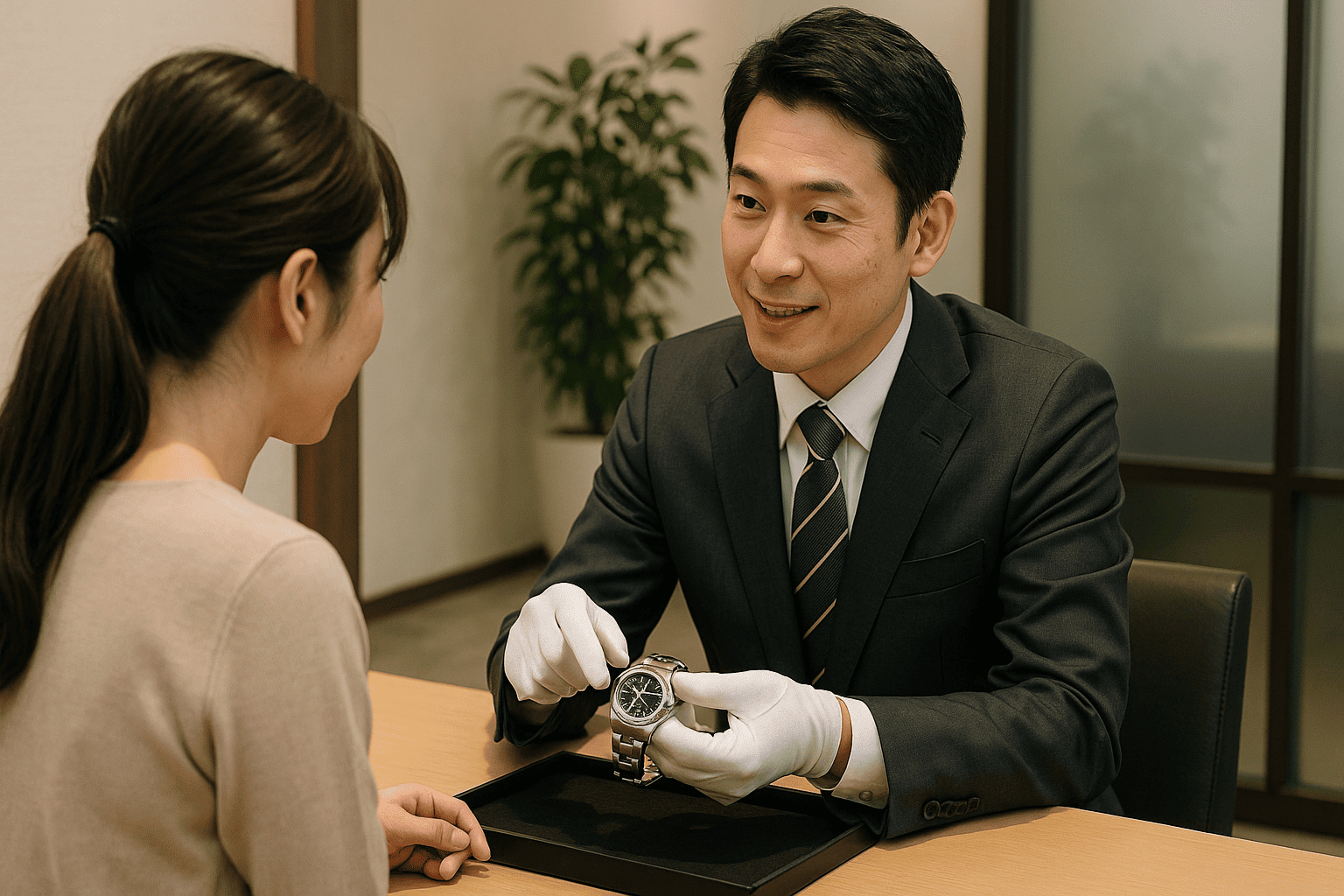 ウォッチニアン買取専門店の鑑定士が顧客にロレックスの査定ポイントを説明しているシーン