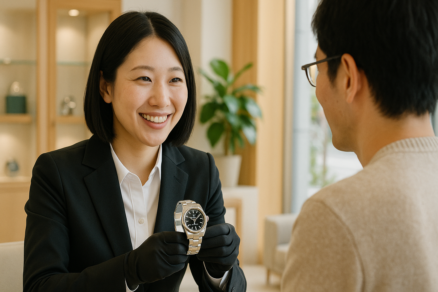 ウォッチニアン買取専門店の親切な日本人鑑定士が、来店した顧客と笑顔でロレックスについて話しているシーン