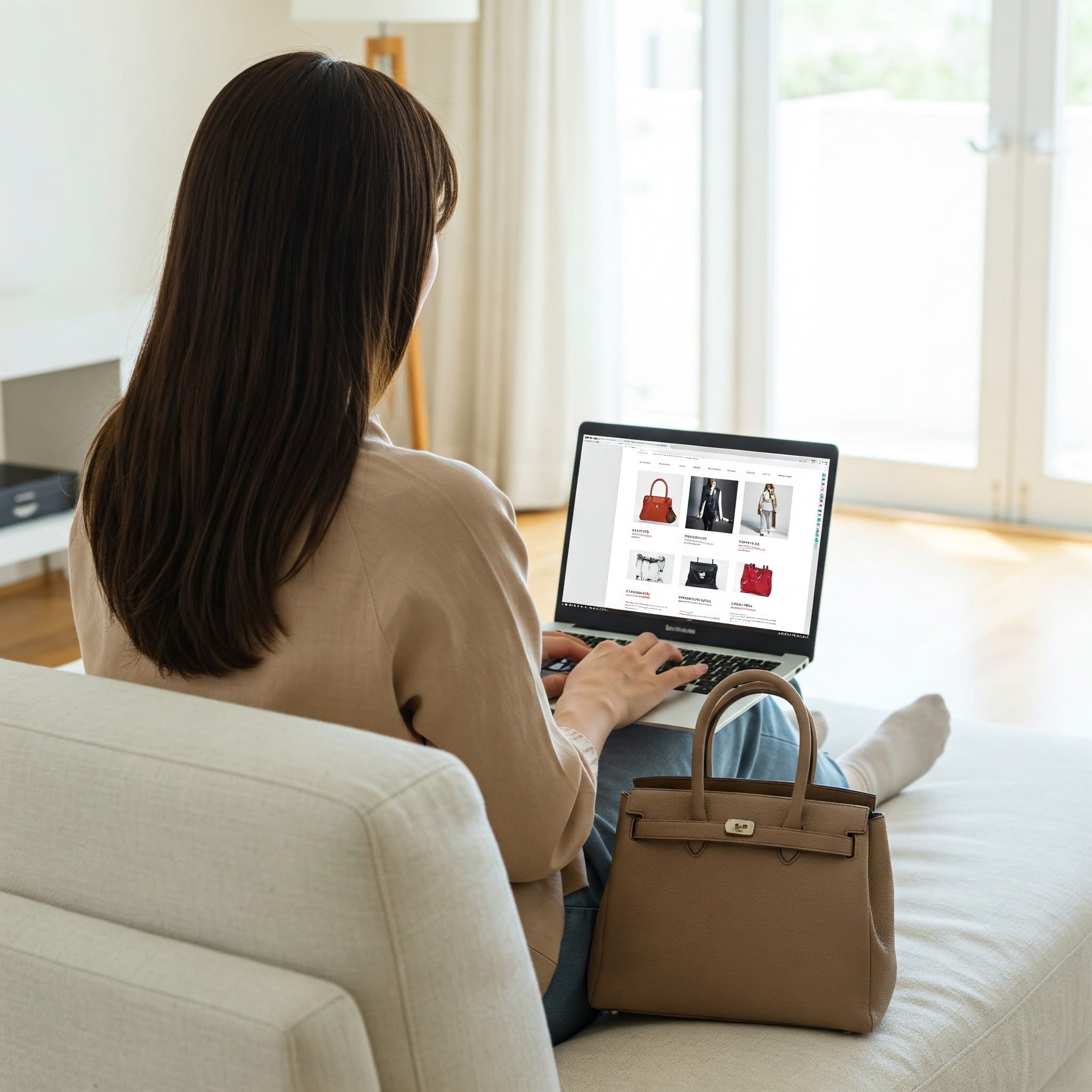 自宅でノートパソコンを使い、ブランド品の買取相場比較サイトを見ている日本人女性。