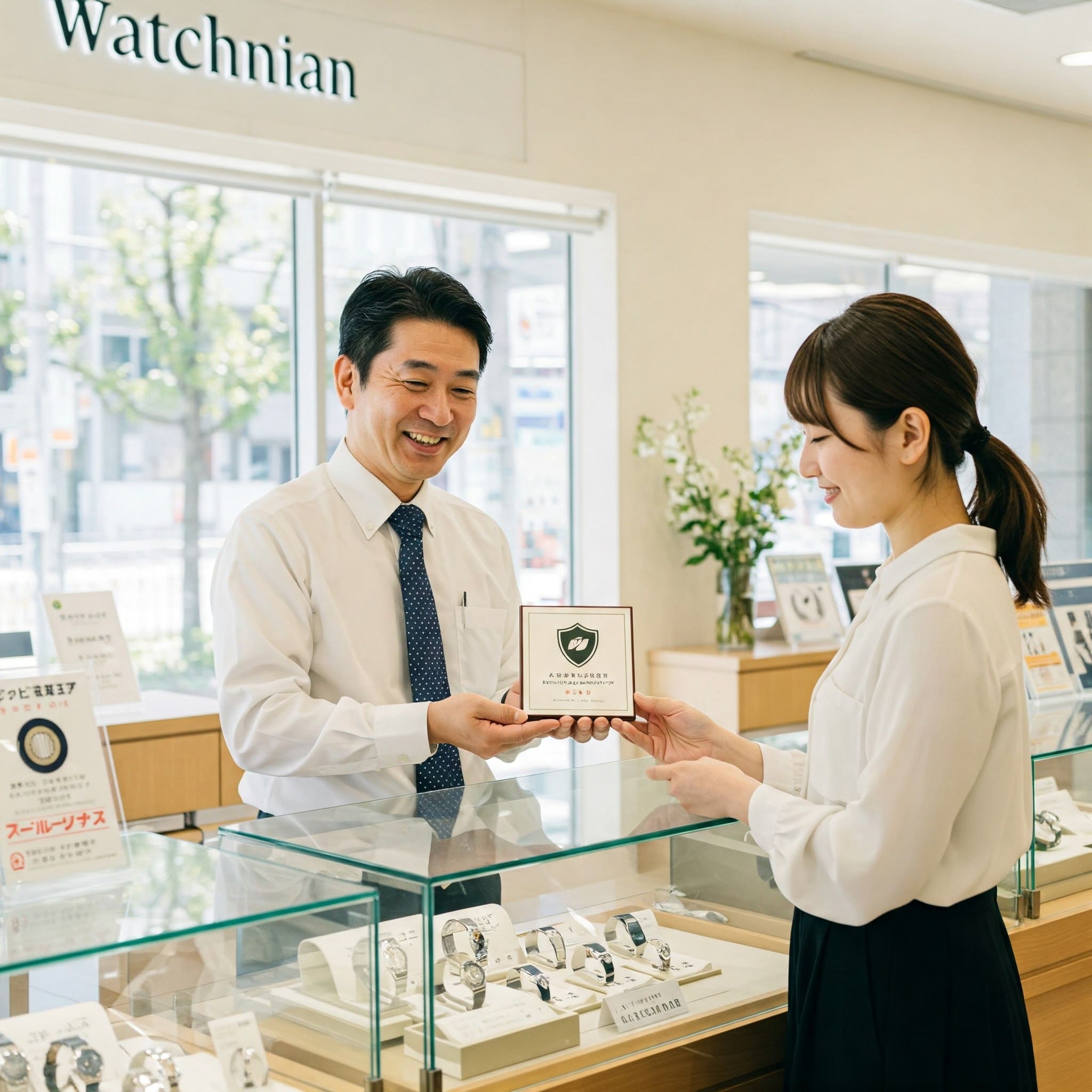 明るい店内で、鑑定士が顧客に古物商許可証風プレートや安心を示す盾アイコンを提示しているイメージ。